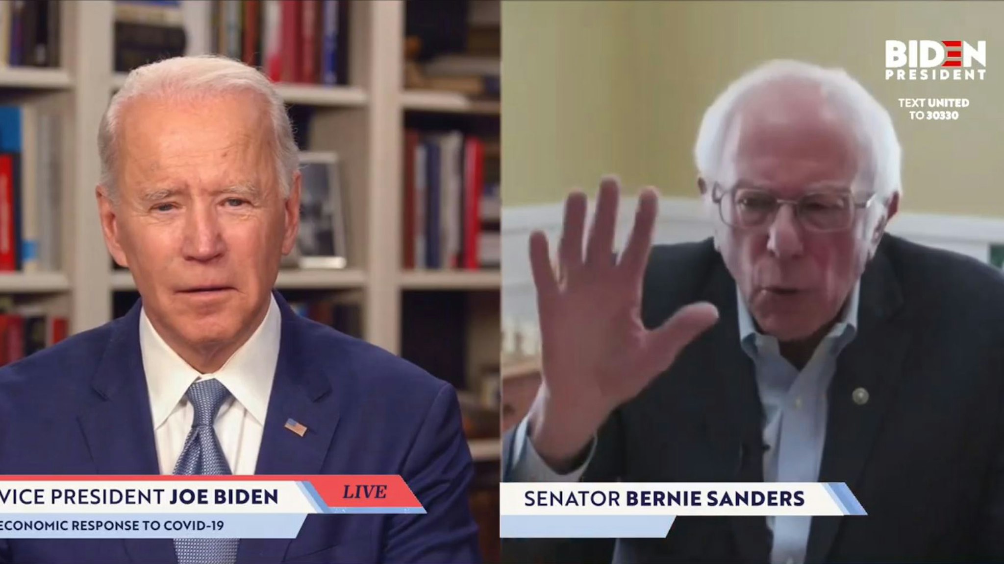UNKNOWN LOCATION - APRIL 13: In this screengrab taken from JoeBiden.com campaign website, U.S. Sen. Bernie Sanders (I-VT) endorses Democratic presidential candidate former Vice President Joe Biden during a live streaming broadcast on April 13, 2020. Sanders said, “Today, I am asking all Americans—I’m asking every Democrat, I’m asking every Independent, I’m asking a lot of Republicans—to come together in this campaign to support your candidacy.”