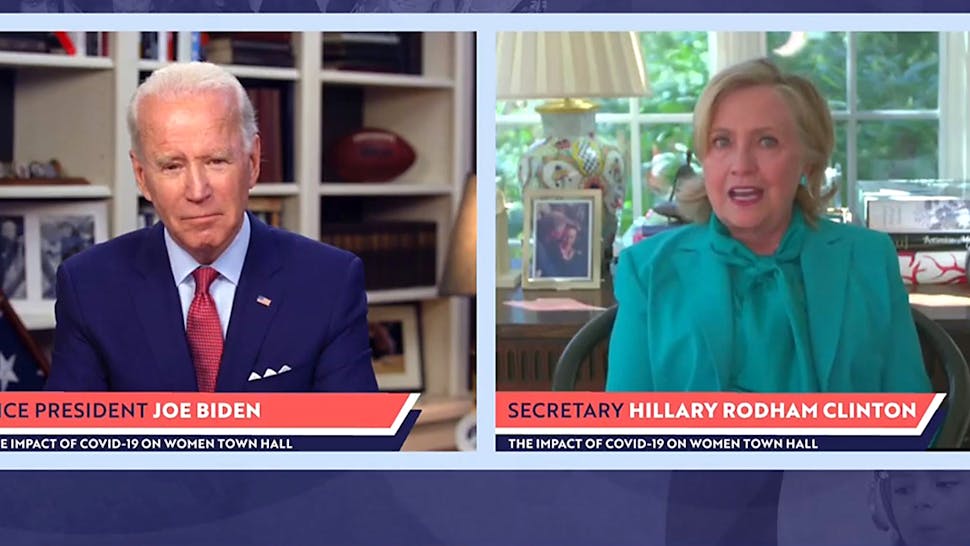 Hillary Clinton Joins Presidential Candidate Joe Biden’s Livestreamed Town Hall WILMINGTON, DELAWARE - APRIL 28: In this screengrab taken from the PBS News Hour website, former first lady, Senator and Secretary of State Hillary Clinton joins former Vice President and Democratic presidential candidate Joe Biden during a live streamed town hall on April 28, 2020 in Wilmington, Delaware. Clinton officially endorsed Biden for president during the broadcast.