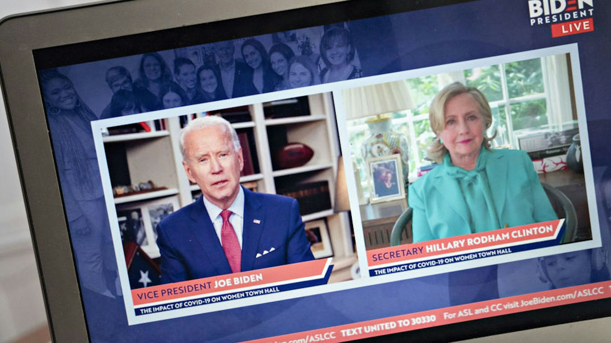 Former Vice President Joe Biden, presumptive Democratic presidential nominee, left, speaks as Hillary Clinton, former U.S. secretary of state, listens during a virtual event seen on a laptop computer in Arlington, Virginia, U.S., on Tuesday, April 28, 2020. Clinton endorsed Biden today saying that she wishes he were in the White House to lead the country through the coronavirus pandemic. Photographer: Andrew Harrer/Bloomberg