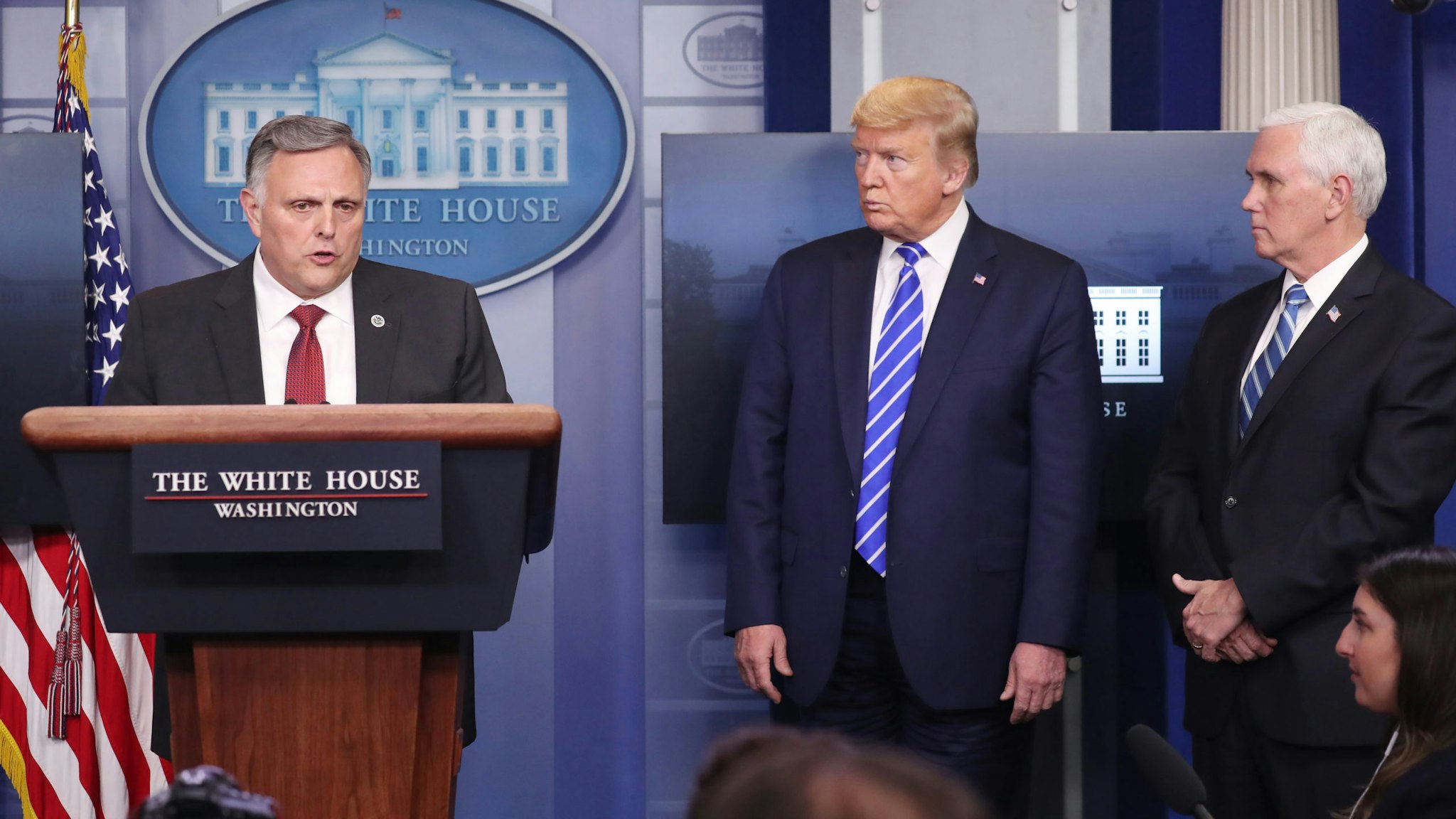 Bill Bryan, senior official performing the duties of the under secretary for Science and Technology at Homeland Security, left, speaks as U.S. President Donald Trump, center, and Vice President Mike Pence listen during a news conference in the White House in Washington, D.C., U.S., on Thursday, April 23, 2020. Trumps handling of the coronavirus pandemic and the economic collapse has shaken voters confidence in him, with the percentage of undecided voters more than doubling in the last two weeks.