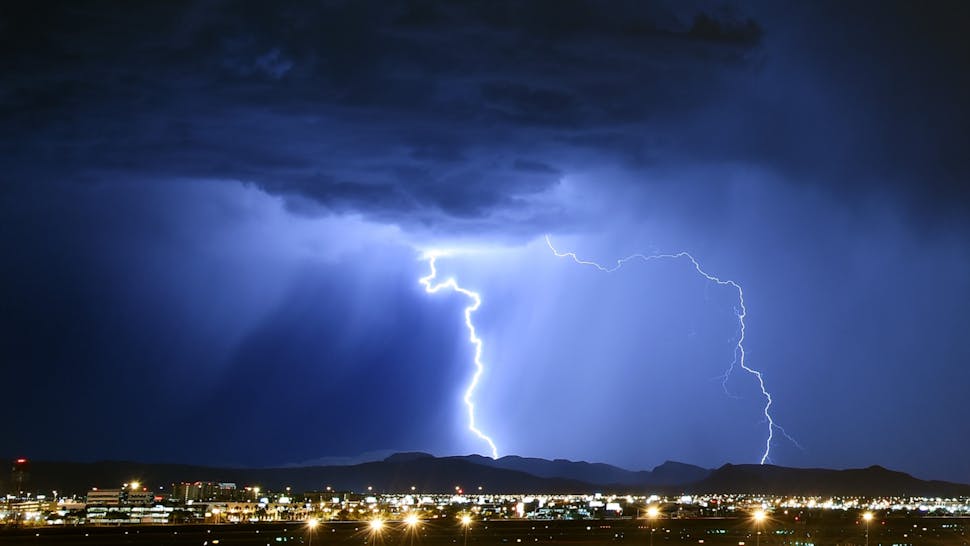 Lightning strikes during a thunderstorm on July 6, 2015 in Las Vegas, Nevada.