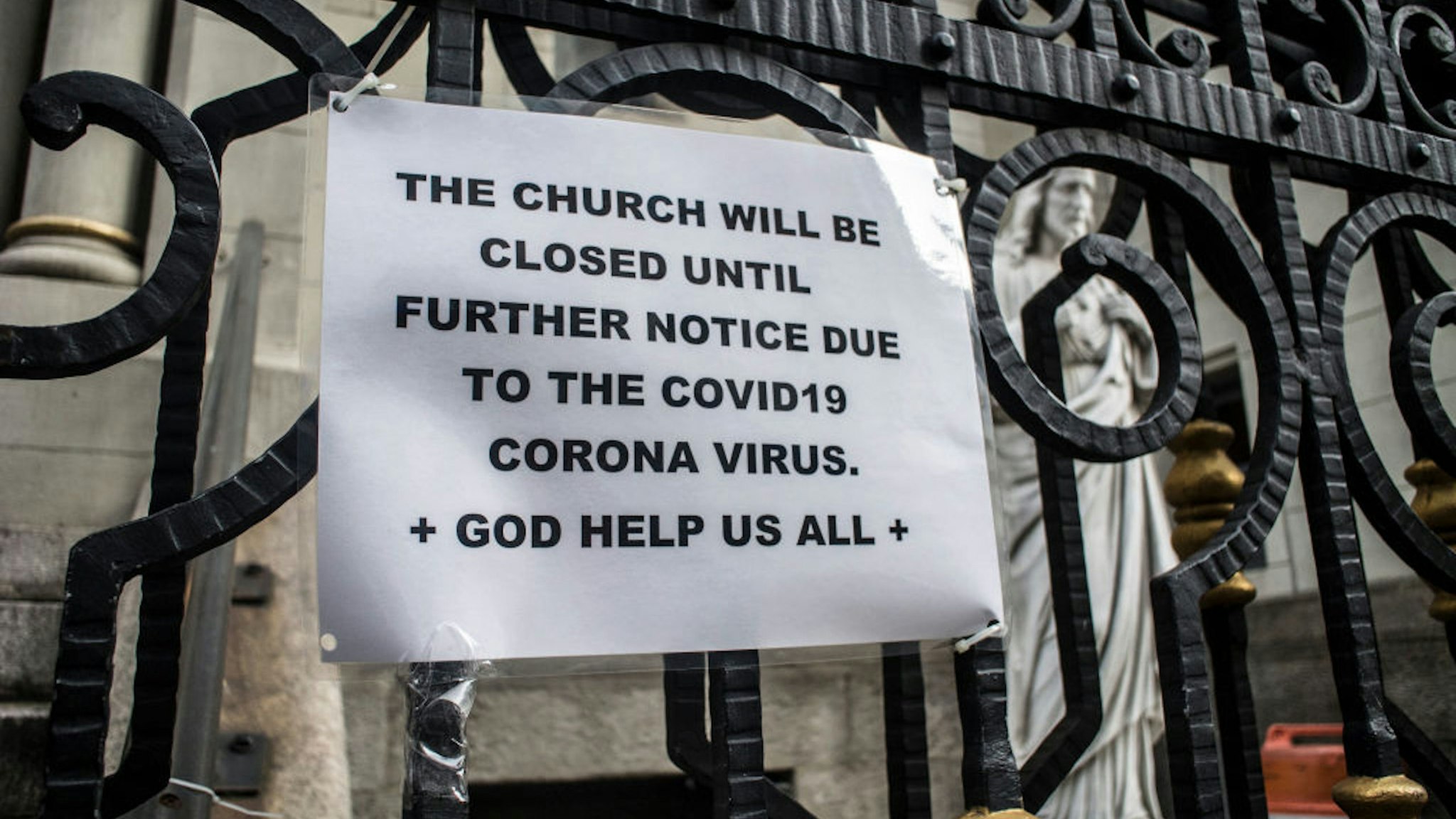 NEW YORK, NY - March 18 MANDATORY CREDIT Bill Tompkins/Getty Images Church closing due to the coronavirus COVID-19 pandemic on March 18, 2020 in New York City.
