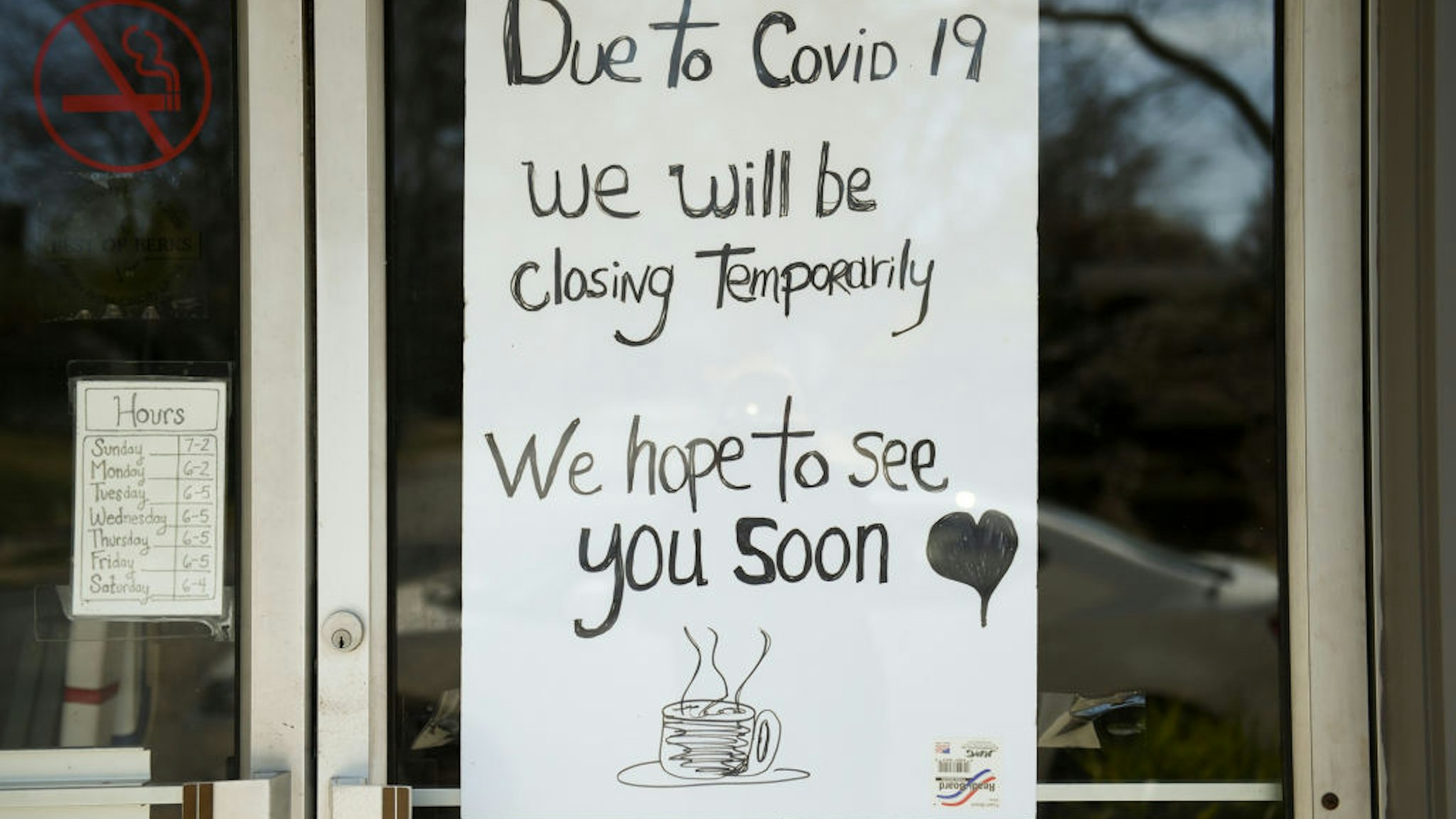 Wyomissing, PA - April 6: A sign in the window of Dosie Dough Bakery reads, 'Due to Covid 19 we will be closing temporarily. We hope to see you soon,"' on April 6, 2020(Photo by Lauren A. Little/MediaNews Group/Reading Eagle via Getty Images)