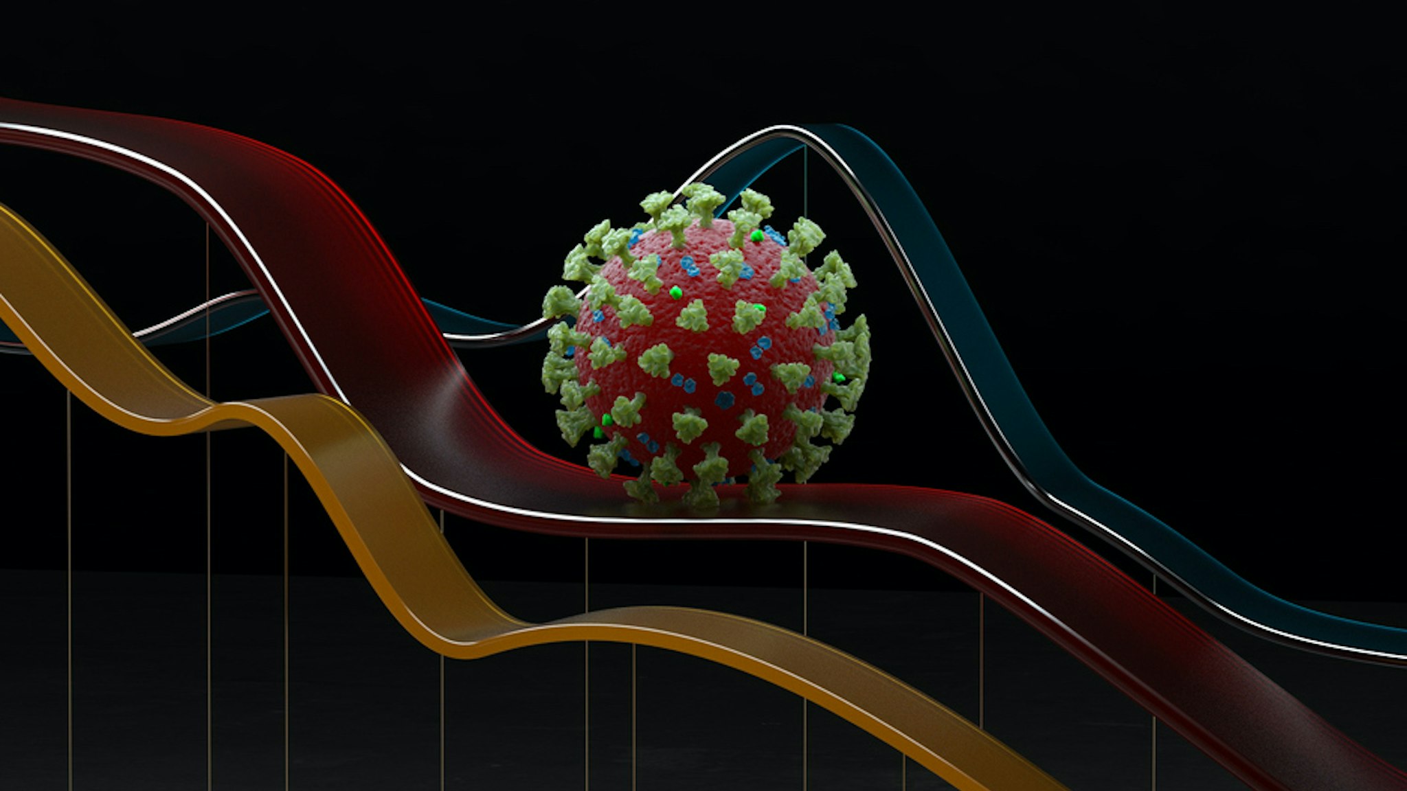 Digital generated image of corona virus on colorful charts on black background.