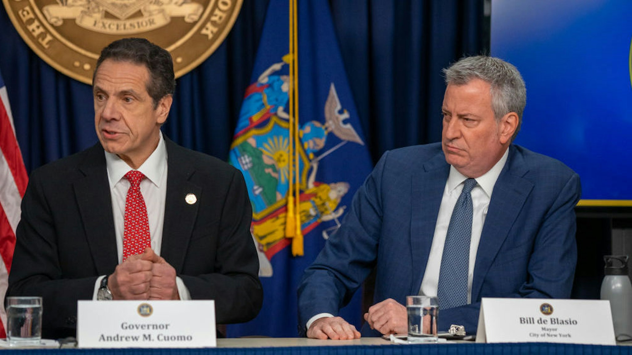 New York state Gov. Andrew Cuomo and New York City Mayor Bill DeBlasio speak during a news conference on the first confirmed case of COVID-19 in New York on March 2, 2020 in New York City. A female health worker in her 30s who had traveled in Iran contracted the virus and is now isolated at home with symptoms of COVID-19, but is not in serious condition. Cuomo said in a statement that the patient "has been in a controlled situation since arriving to New York." (Photo by David Dee Delgado/Getty Images)