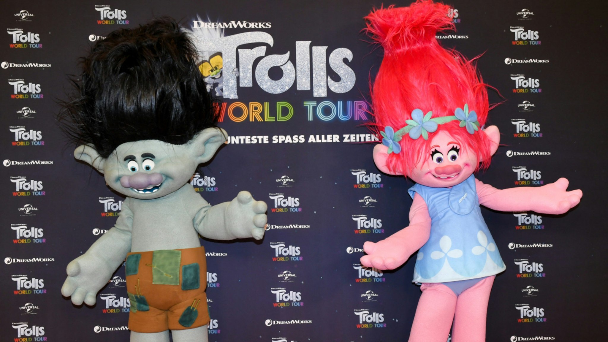 The Trolls figures Branch (l) and Poppy at the photo session for the movie "Trolls World Tour" at the Hotel Waldorf Astoria.