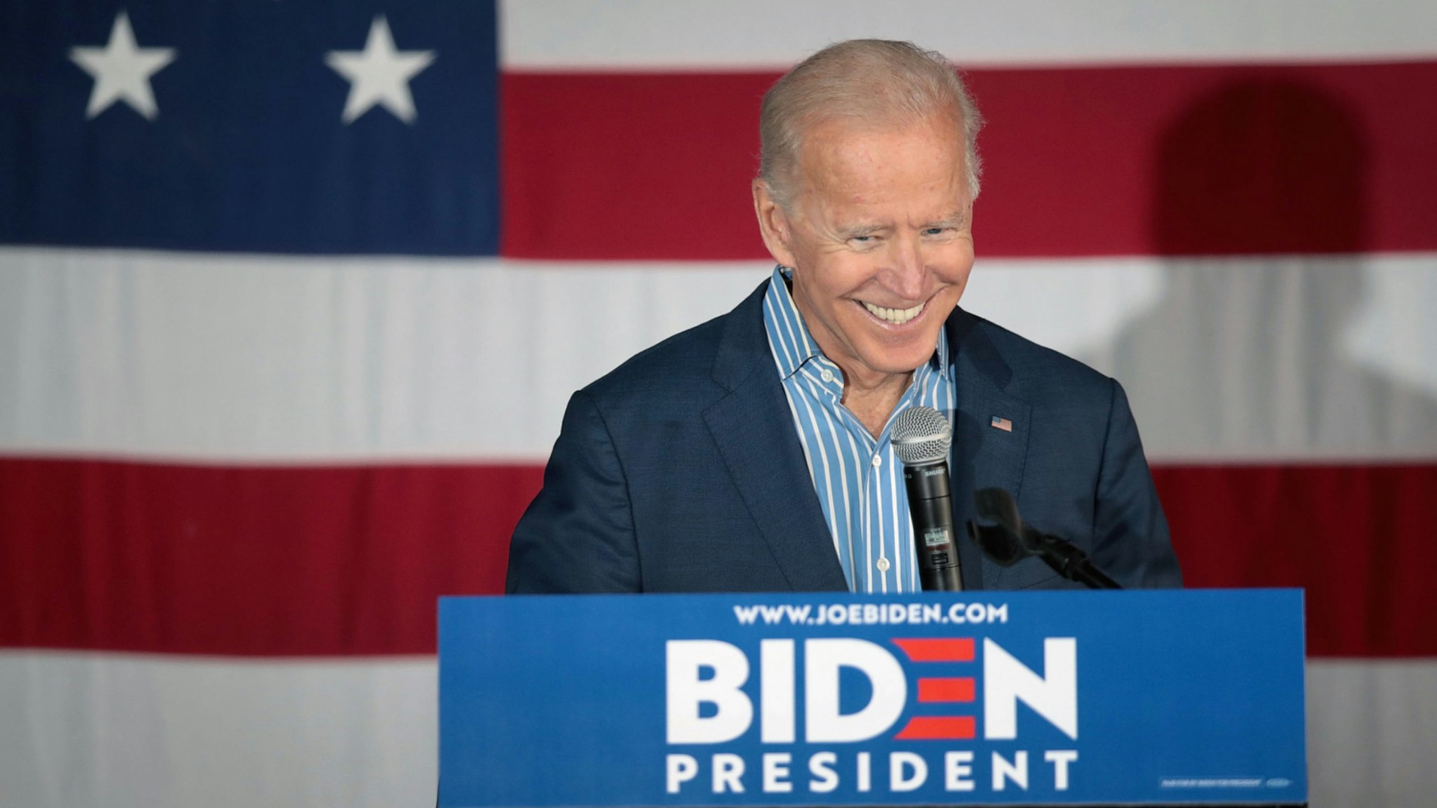 Democratic presidential candidate and former vice president Joe Biden speaks to guests during a campaign event at Big Grove Brewery and Taproom on May 1, 2019 in Iowa City, Iowa.