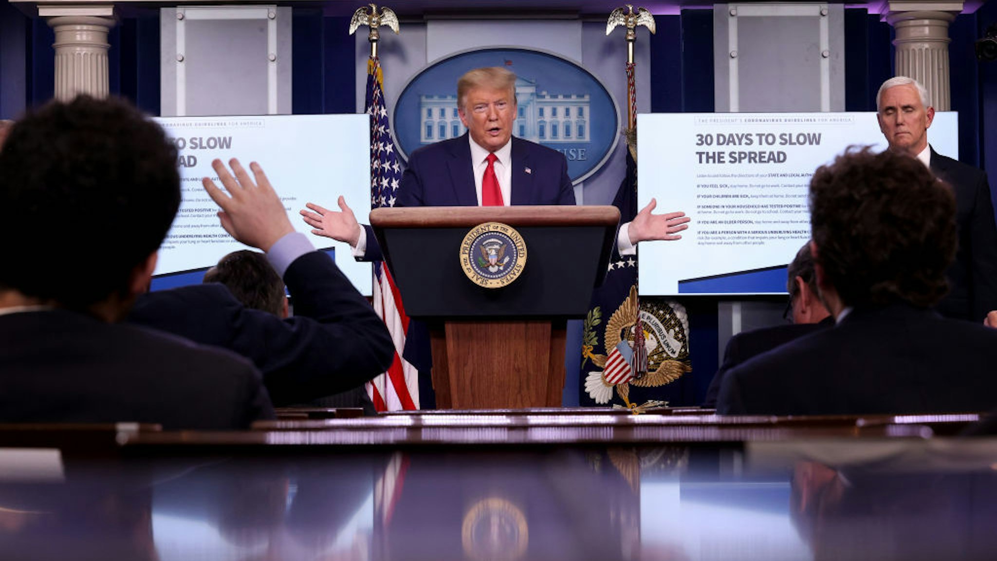 U.S. President Donald Trump participates in the daily coronavirus task force briefing in the Brady Briefing room at the White House on March 31, 2020 in Washington, DC. The top government scientists battling the coronavirus estimated on Tuesday that the virus could kill between 100,000 and 240,000 Americans. Trump warned that there will be a ‚ÄúVery, very painful two weeks‚Äù ahead as the nation continues to grapple with the outbreak of the COVID-19 virus. (Photo by Win McNamee/Getty Images)
