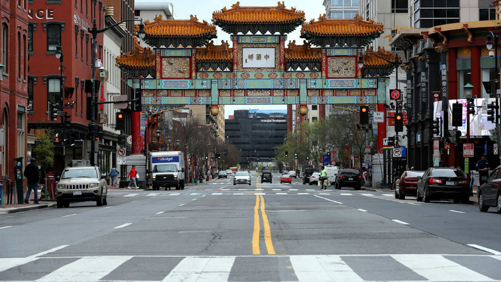 Streets and plazas are empty in the Chinatown neighborhood as people stay home and non-essential businesses are ordered closed due to the ongoing coronavirus pandemic March 27, 2020 in Washington, DC. The United States surpassed China and Italy as the country with the most coronavirus cases with more than 97,000 people confirmed and more than 1,000 people having died from COVID-19. (Photo by Chip Somodevilla/Getty Images)