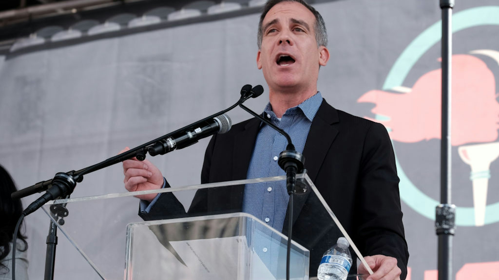 LOS ANGELES, CALIFORNIA - JANUARY 18: Los Angeles Mayor Eric Garcetti speaks at the 4th Annual Women's March LA: Women Rising at Pershing Square on January 18, 2020 in Los Angeles, California. (Photo by Sarah Morris/Getty Images)