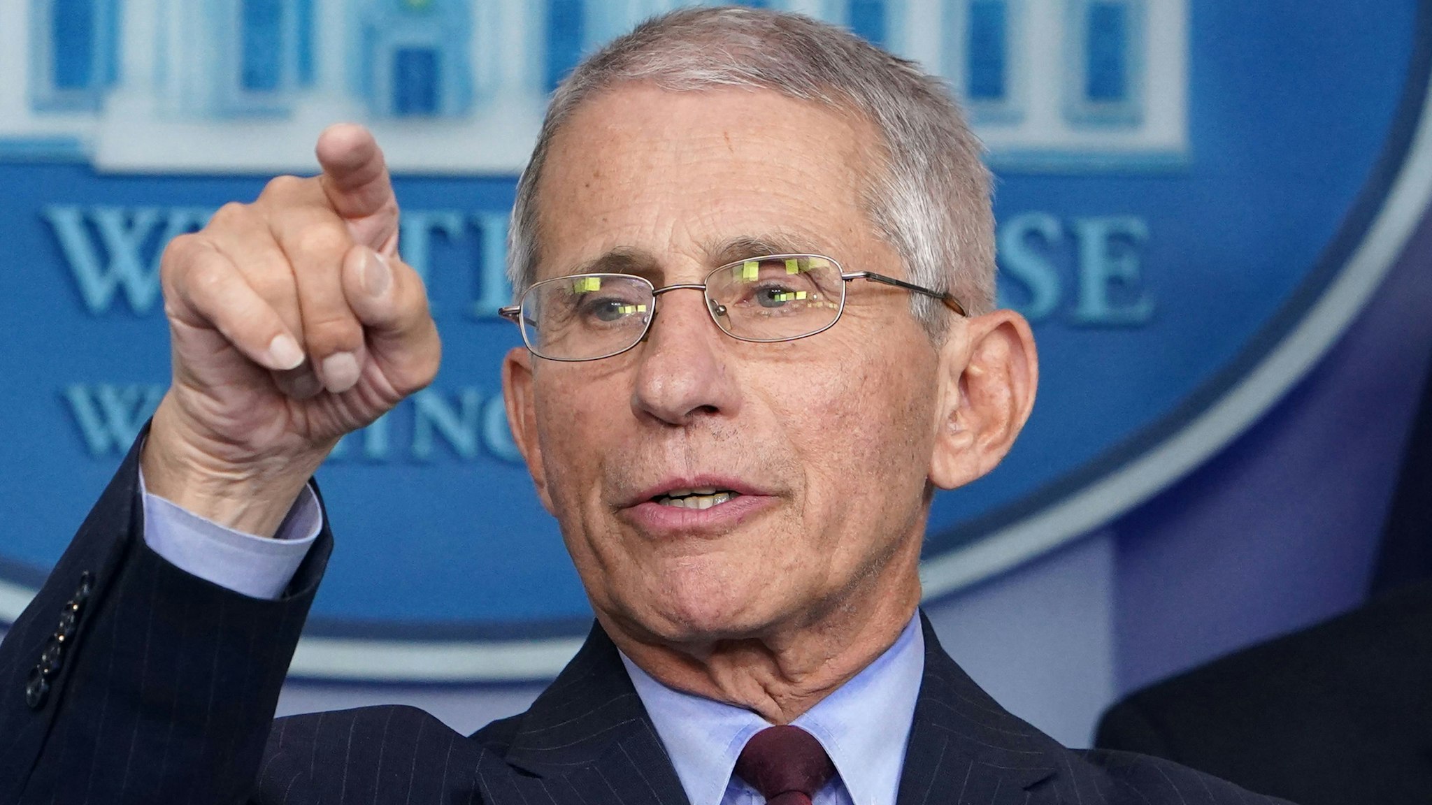 Director of the National Institute of Allergy and Infectious Diseases Anthony Fauci speaks, flanked by US Vice President Mike Pence, during the daily briefing on the novel coronavirus, COVID-19, in the Brady Briefing Room at the White House on March 31, 2020, in Washington, DC.