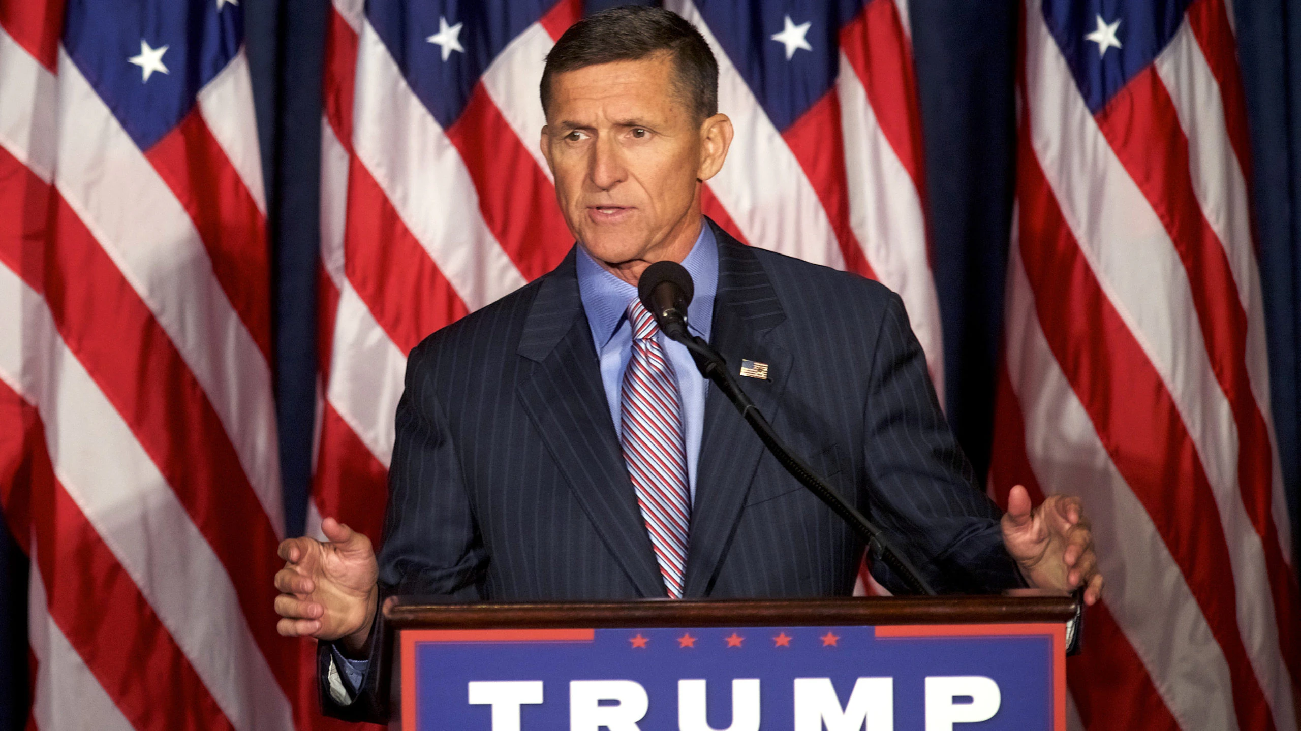 PHILADELPHIA, PA - SEPTEMBER 7: Retired United States Army lieutenant general Michael T. Flynn introduces Republican Presidential nominee Donald J. Trump before he delivered a speech at The Union League of Philadelphia on September 7, 2016 in Philadelphia, Pennsylvania. Trump spoke about his plans to build up the military if elected. Recent national polls show the presidential race is tightening with two months until the election.