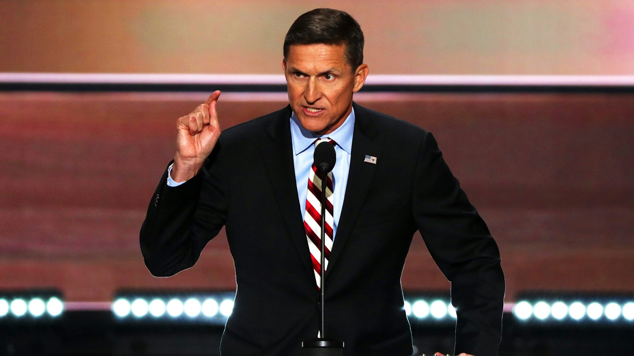 CLEVELAND, OH - JULY 18: Retired Lt. Gen. Michael Flynn delivers a speech on the first day of the Republican National Convention on July 18, 2016 at the Quicken Loans Arena in Cleveland, Ohio. An estimated 50,000 people are expected in Cleveland, including hundreds of protesters and members of the media. The four-day Republican National Convention kicks off on July 18.