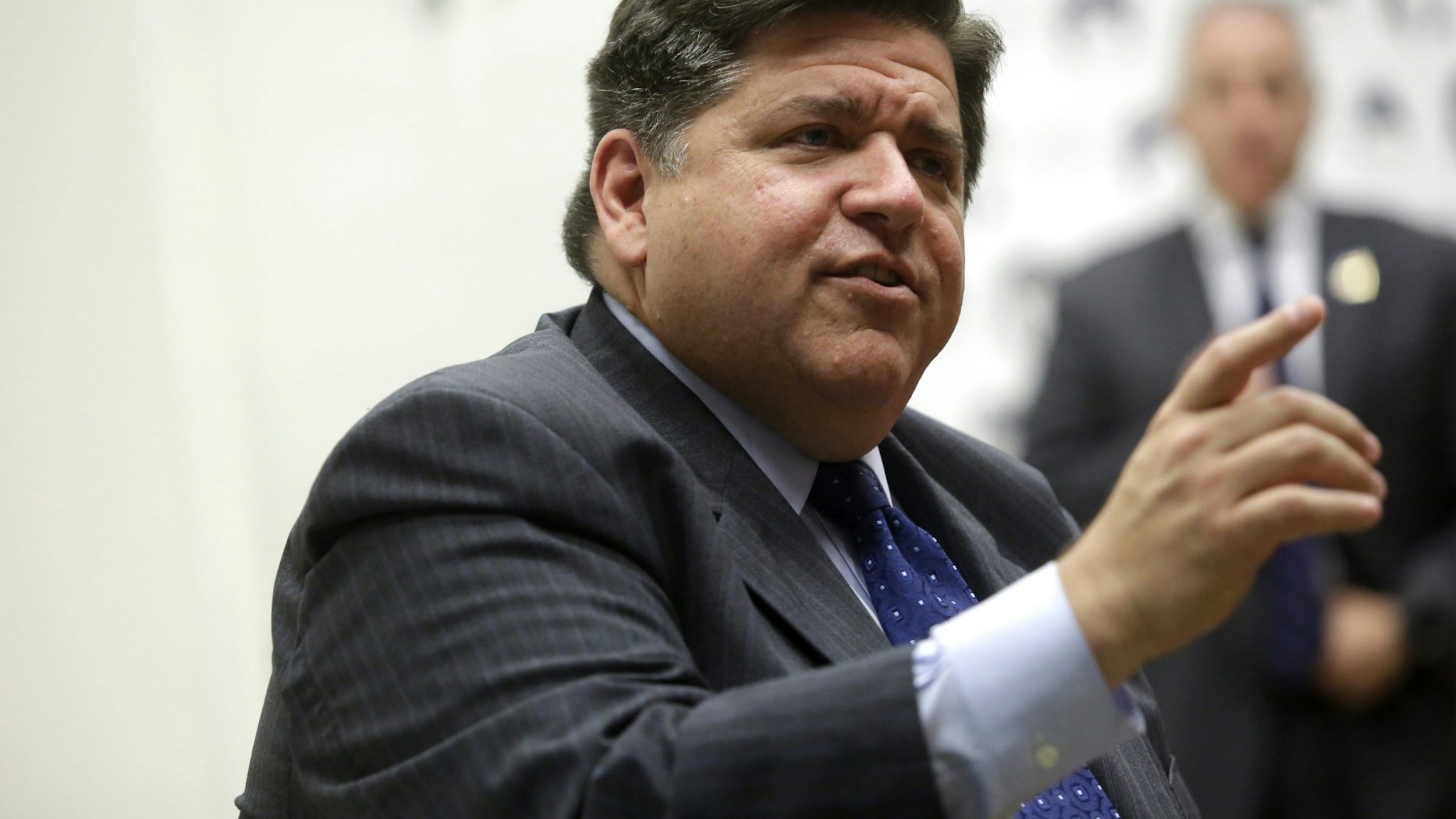 CHICAGO, IL - OCTOBER 01: Illinois gubernatorial candidate J.B. Pritzker speaks during a round table discussion with high school students at a creative workspace for women on October 1, 2018 in Chicago, Illinois. Pritzker was joined by his Illinois gubernatorial Lieutenant Governor candidate Juliana Stratton and former Secretary of State Hillary Clinton as they spoke to students about leadership. (Photo by Joshua Lott/Getty Images)