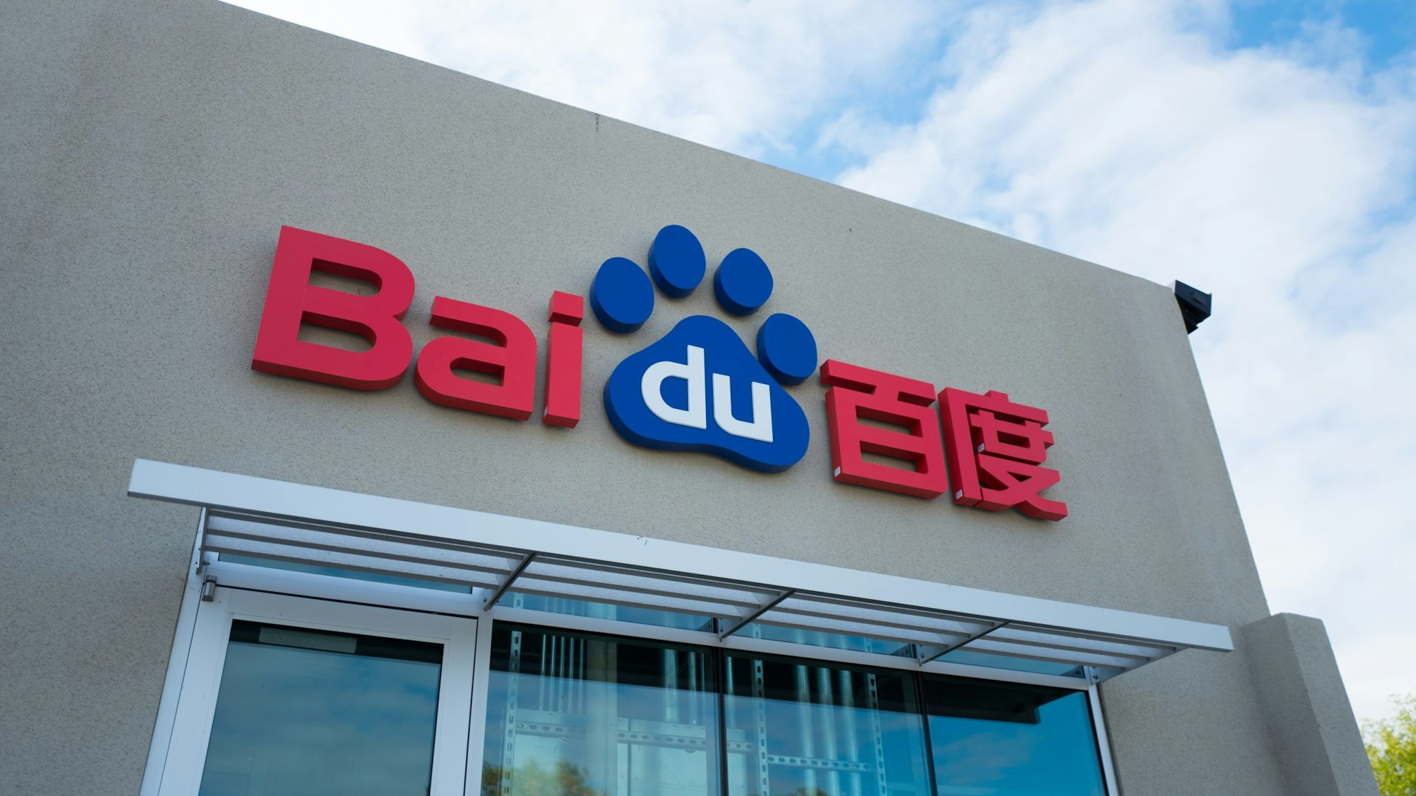 Logo on facade of the United States headquarters of Chinese technology company Baidu, among the largest Internet companies in the world, in the Silicon Valley town of Sunnyvale, California, October 28, 2018. (Photo by Smith Collection/Gado/Getty Images)