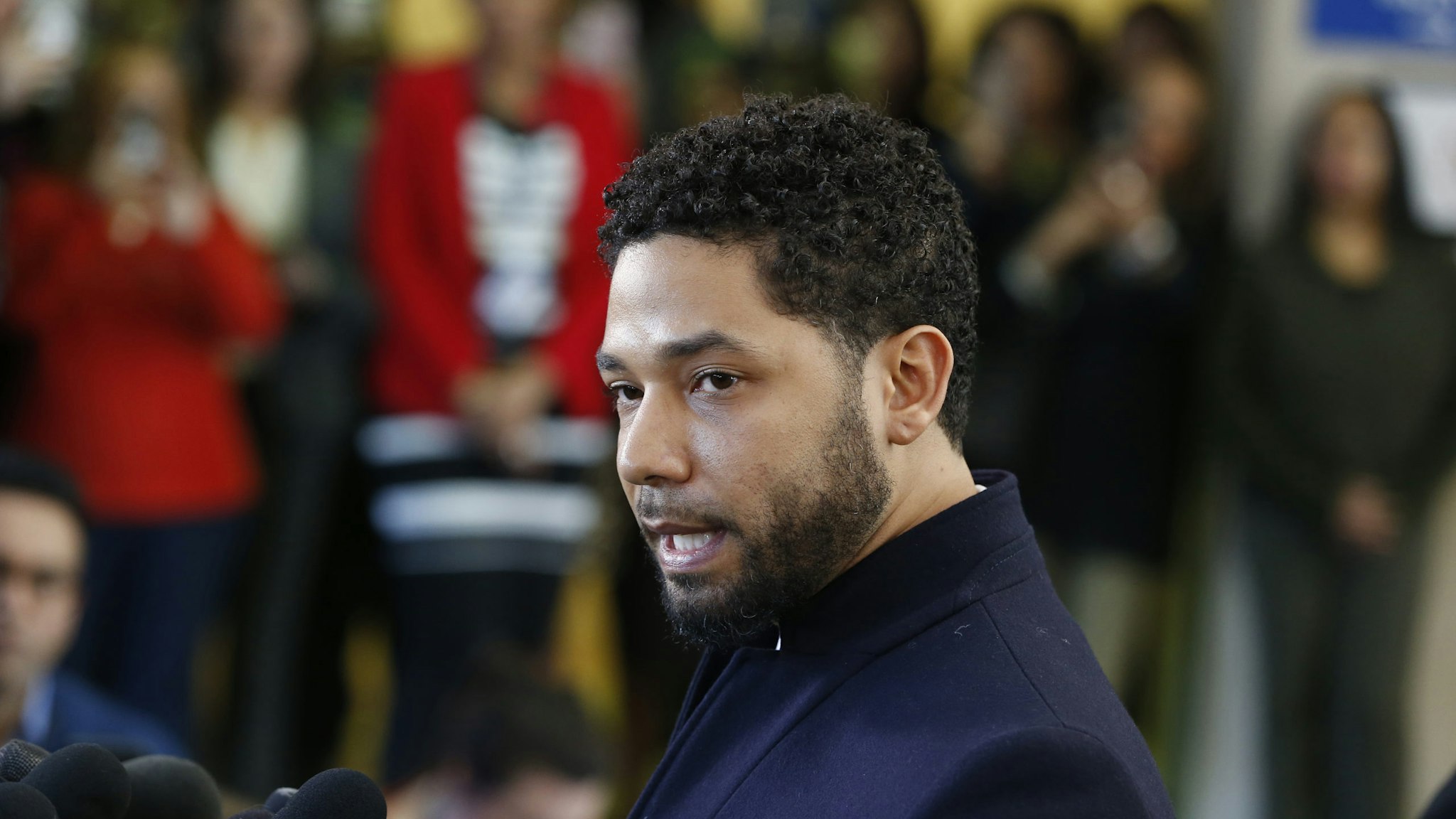 CHICAGO, ILLINOIS - MARCH 26: Actor Jussie Smollett speaks with members of the media after his court appearance at Leighton Courthouse on March 26, 2019 in Chicago, Illinois. This morning in court it was announced that all charges were dropped against the actor. (Photo by Nuccio DiNuzzo/Getty Images)
