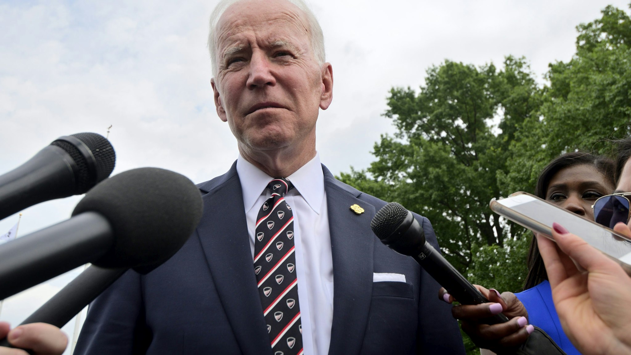 Former Vice President Joe Biden describes John McCain as a war hero when speaking at a press gaggle after attending the annual Delaware Memorial Day ceremony, in New Castle, DE on May 30, 2019. (Photo by Bastiaan Slabbers/NurPhoto via Getty Images)