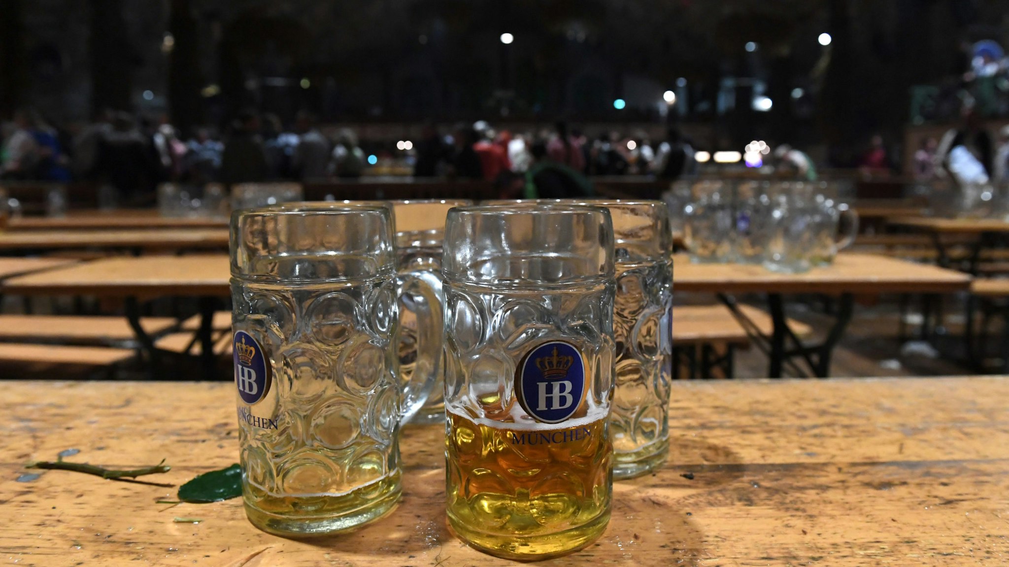 06 October 2019, Bavaria, Munich: Empty beer mugs are placed on the tables in the Hofbräu tent after the traditional sweep. The Oktoberfest ends today. Photo: Felix Hörhager/dpa (Photo by Felix Hörhager/picture alliance via Getty Images)