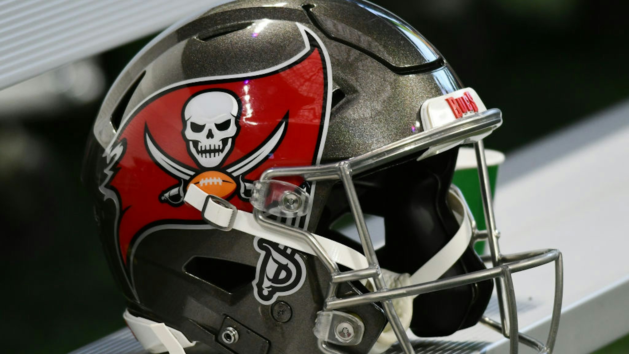 Tampa Bay Buccaneers football helmet during the NFL game between the Tampa Bay Buccaneers and the Atlanta Falcons on November 24, 2019,