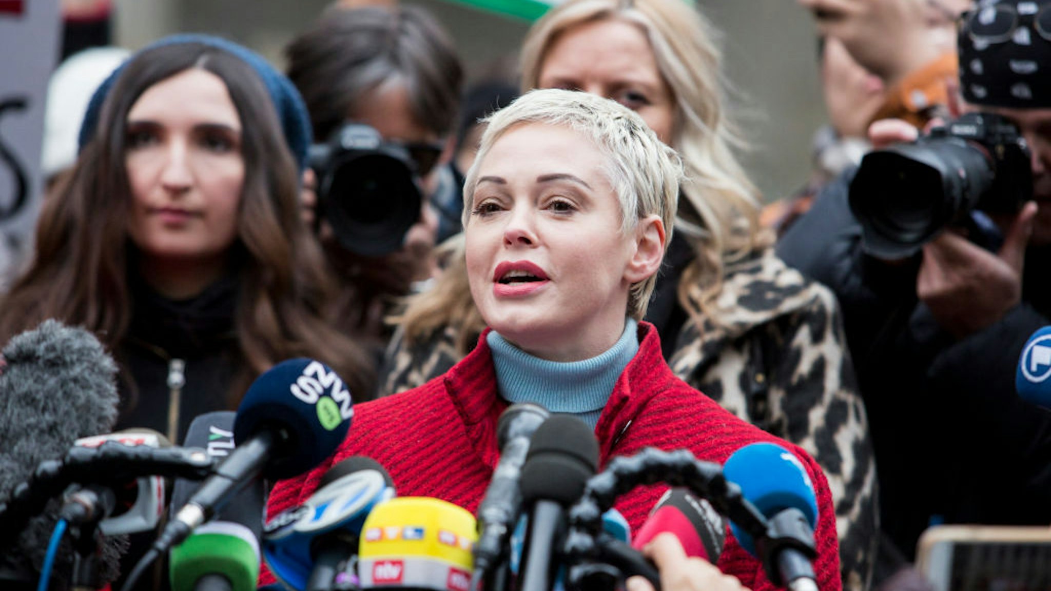 Actress Rose McGowan, who accused Weinstein of raping her and destroying her career, joins other accusers and protesters and speaks speech to the press as Harvey Weinstein arrived at the Manhattan courthouse on January 6, 2020 in New York City.