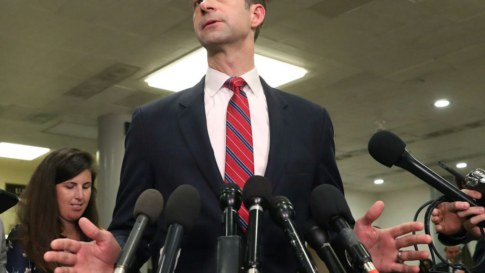 Sen. Tom Cotton (R-AR) speaks to the media after attending a briefing with administration officials about the situation with Iran, at the U.S. Capitol on January 8, 2020 in Washington, DC.