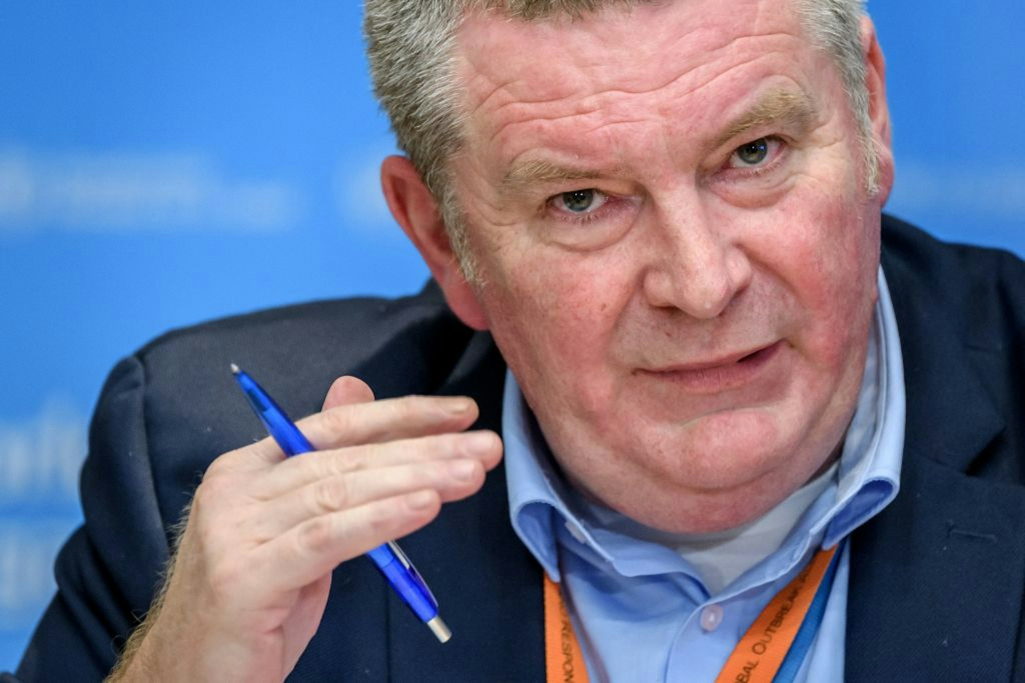 Graphic content / World Health Organization (WHO) Health Emergencies Programme Director Michael Ryan talks during a daily press briefing on COVID-19 virus at the WHO headquarters on March 11, 2020 in Geneva