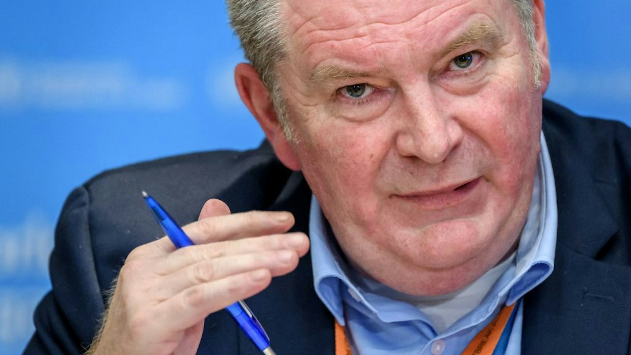 Graphic content / World Health Organization (WHO) Health Emergencies Programme Director Michael Ryan talks during a daily press briefing on COVID-19 virus at the WHO headquarters on March 11, 2020 in Geneva