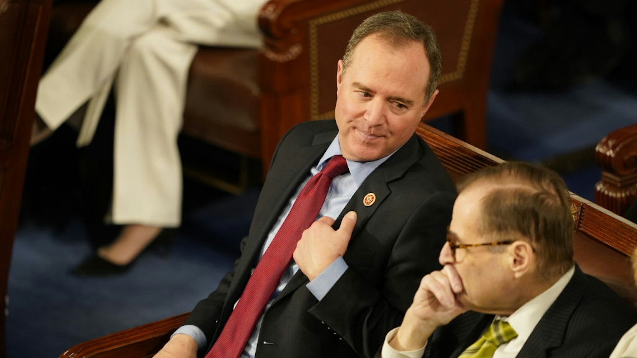 Rep. Adam Schiff looks at Rep. Jerrold Nadler during the State of the Union address before members of Congress in the House chamber of the U.S. Capitol February 4, 2020 in Washington, DC.