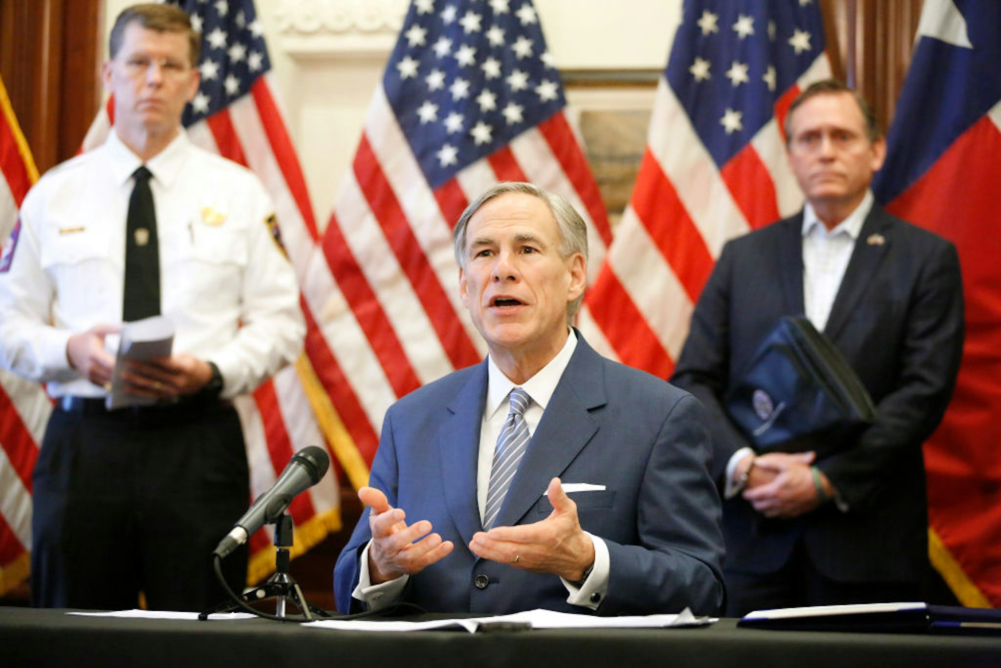 Texas Governor Greg Abbott announced the US Army Corps of Engineers and the state are putting up a 250-bed field hospital at the Kay Bailey Hutchison Convention Center in downtown Dallas during a press conference at the Texas State Capitol in Austin, Sunday, March 29, 2020.