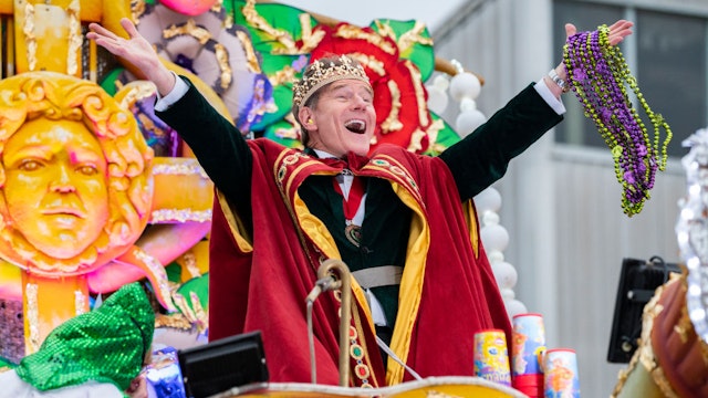 Actor Bryan Cranston reigns as Monarch of The 2020 Krewe of Orpheus parade on February 24, 2020 in New Orleans, Louisiana.