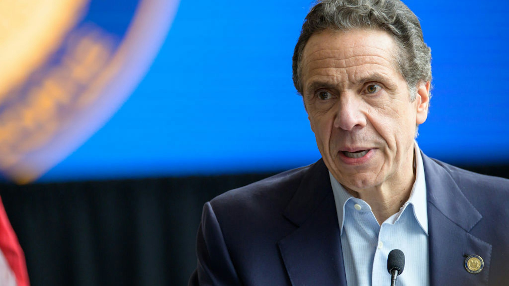 Following the arrival in New York City of the U.S. Naval hospital ship Comfort, NY State Governor Andrew Cuomo is seen during a press conference at the field hospital site at the Javits Center.