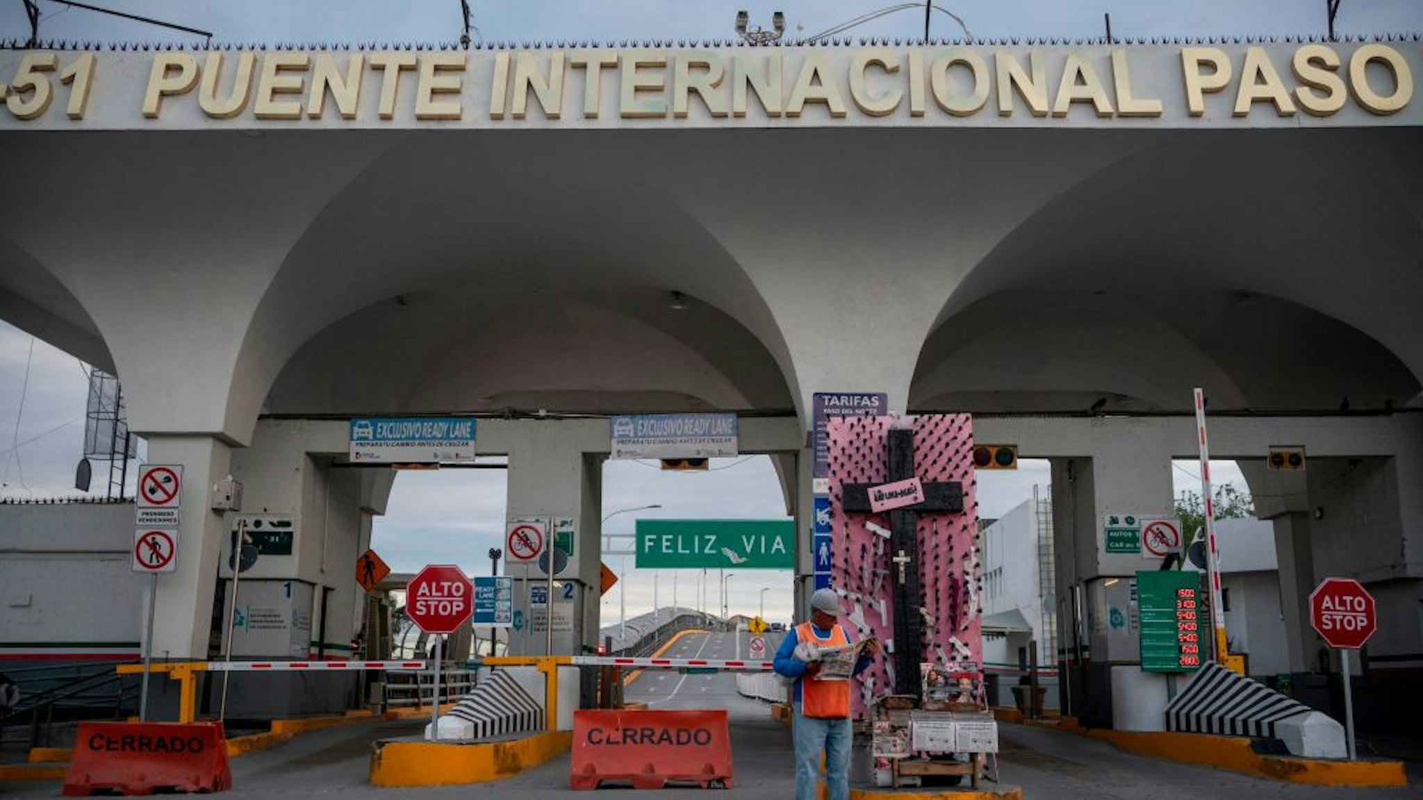 The entrance to the Paso del Norte International Bridge is quiet on a weekday that it is usually busy with border crossers on April 1, 2020 in Ciudad Juarez, Mexico.