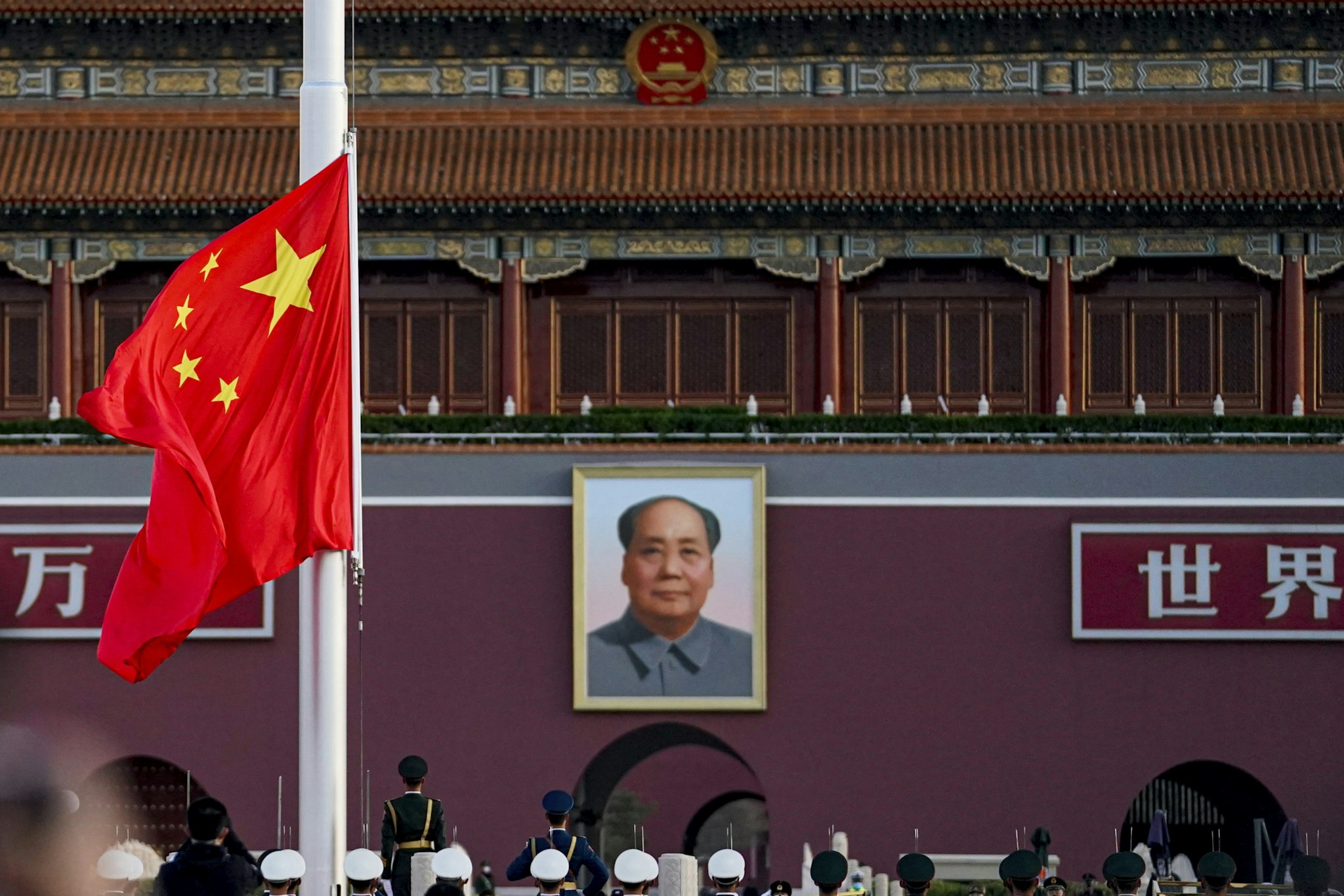 BEIJING, CHINA - APRIL 04: The Chinese national flag flies at half-mast at the Tienanmen Square to mourn victims of COVID-19 on April 04, 2020 in Beijing, China. China will hold a national mourning on Saturday for martyrs who died in the fight against the novel coronavirus and compatriots died of COVID-19, according to the State Council. During the commemoration, national flags will fly at half-mast across the country as well as in all Chinese embassies and consulates abroad. Public recreational activities will be suspended. At 10:00 am on Saturday, the country will observe three minutes of silence to mourn for the diseased, while air raid sirens and horns of automobiles, trains and ships will wail in grief. (Photo by Fred Lee/Getty Images)