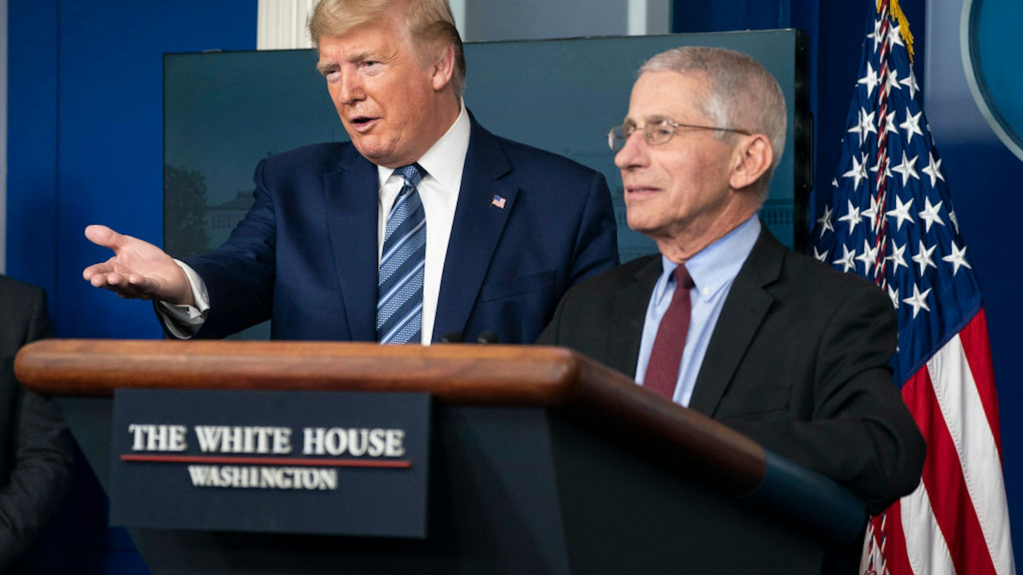 U.S. President Donald Trump and Anthony Fauci, director of the National Institute of Allergy and Infectious Diseases, hold a press briefing with members of the White House Coronavirus Task Force on April 5, 2020 in Washington, DC.