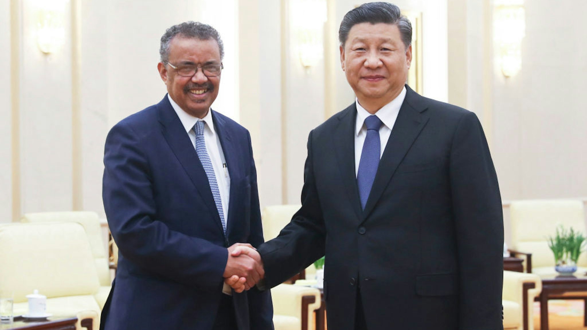 Chinese President Xi Jinping meets with visiting World Health Organization Director-General Tedros Adhanom Ghebreyesus at the Great Hall of the People in Beijing, capital of China, Jan. 28, 2020.