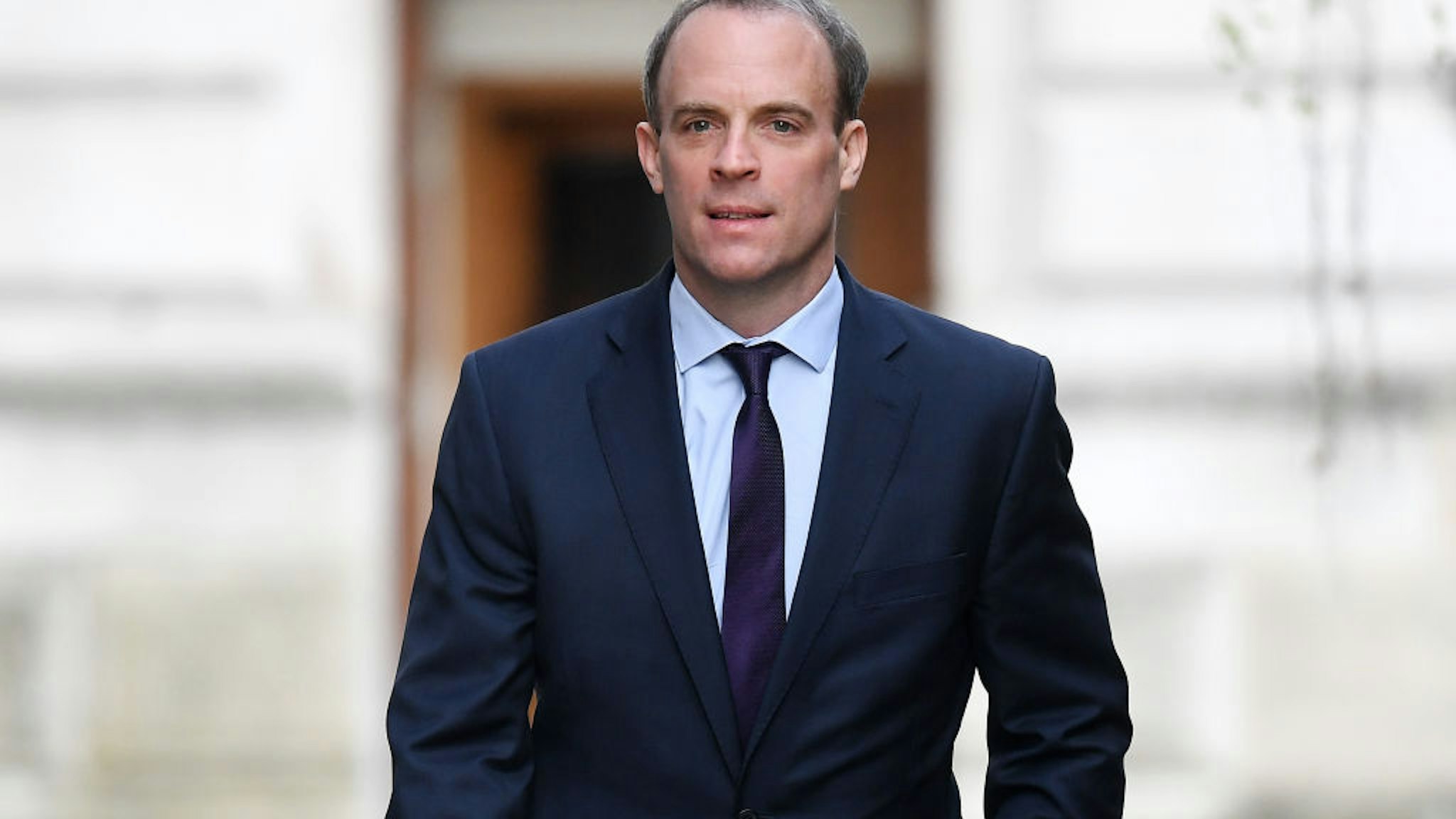Foreign Secretary Dominic Raab arrives at 10 Downing Street for today's C-19 committee meeting on April 8, 2020 in London, England.