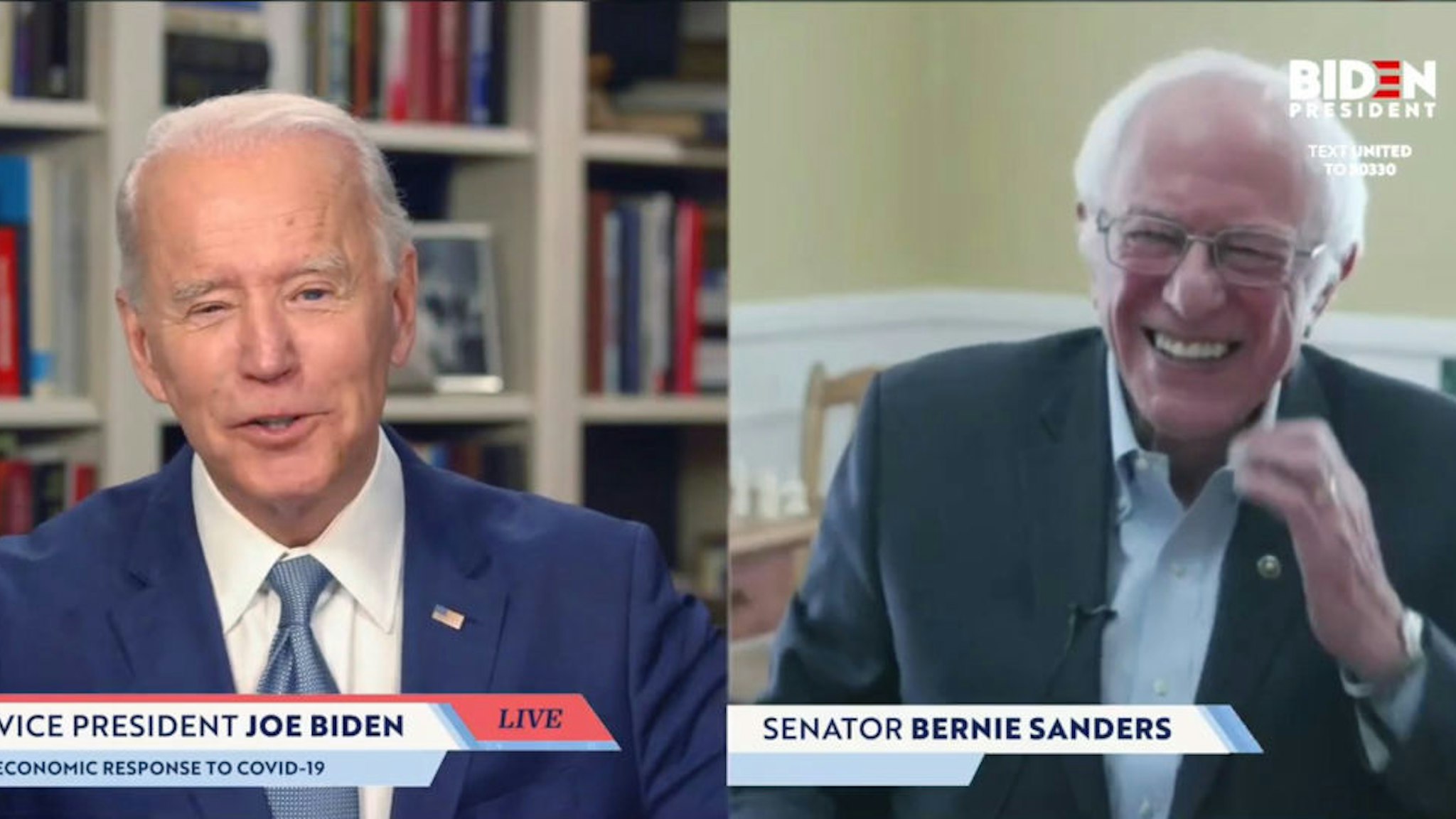 In this screengrab taken from JoeBiden.com campaign website, U.S. Sen. Bernie Sanders (I-VT) endorses Democratic presidential candidate former Vice President Joe Biden during a live streaming broadcast on April 13, 2020.