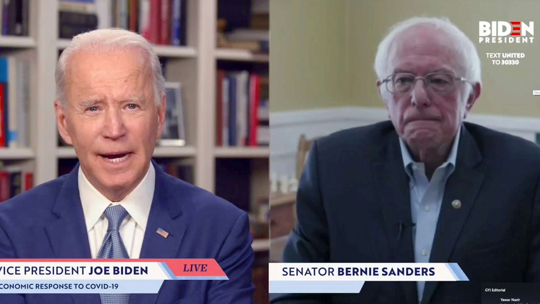 UNKNOWN LOCATION - APRIL 13: In this screengrab taken from JoeBiden.com campaign website, U.S. Sen. Bernie Sanders (I-VT) endorses Democratic presidential candidate former Vice President Joe Biden during a live streaming broadcast on April 13, 2020. Sanders said, “Today, I am asking all Americans—I’m asking every Democrat, I’m asking every Independent, I’m asking a lot of Republicans—to come together in this campaign to support your candidacy.” (Photo by JoeBiden.com via Getty Images)