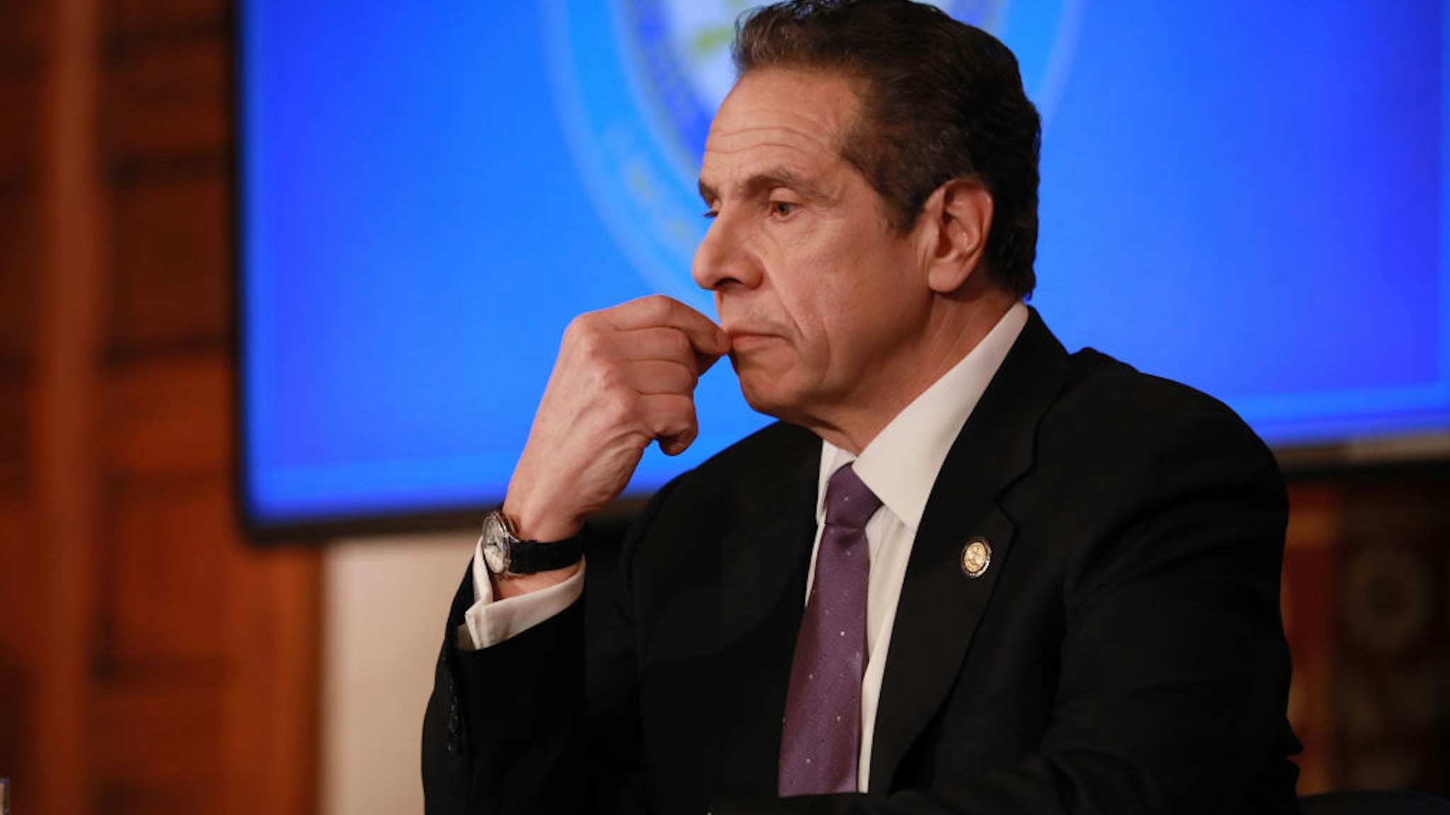 New York Governor Andrew Cuomo gives his a press briefing about the coronavirus crisis on April 17, 2020 in Albany, New York.