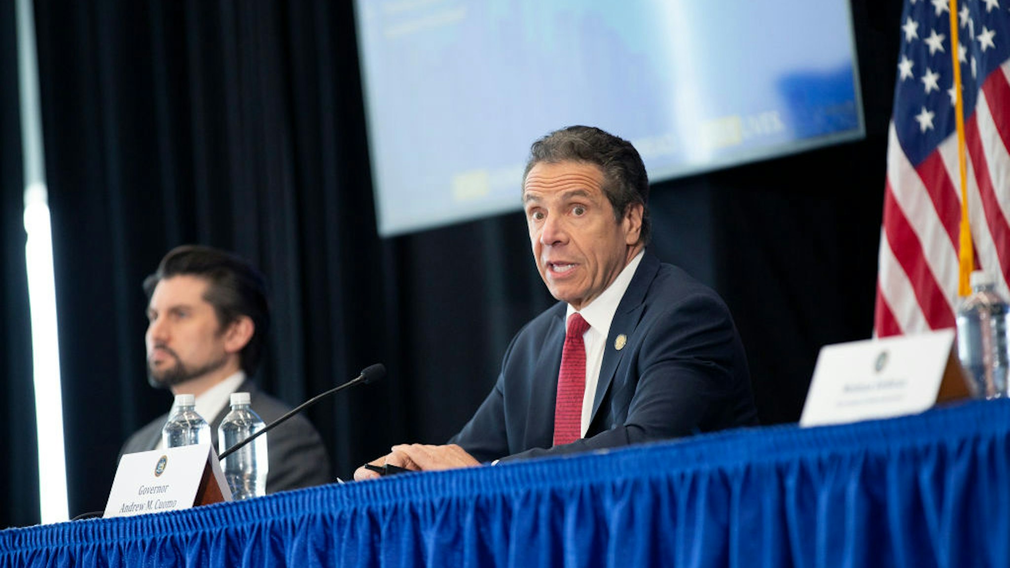 New York State Governor Andrew Cuomo speaks during his daily Coronavirus press briefing at SUNY Upstate Medical University on April 28, 2020 in Syracuse, New York.