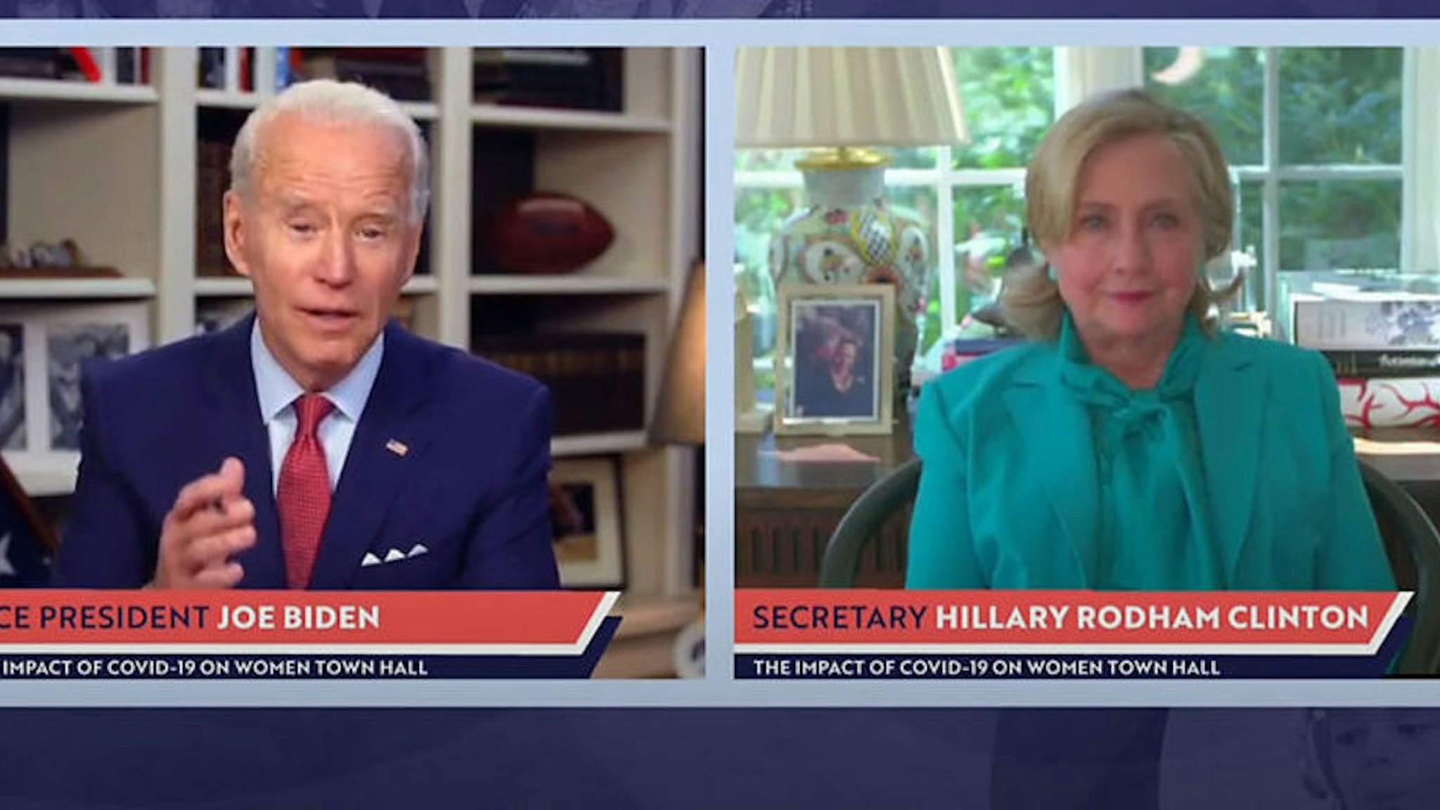 In this screengrab taken from the PBS News Hour website, former first lady, Senator and Secretary of State Hillary Clinton joins former Vice President and Democratic presidential candidate Joe Biden during a live streamed town hall on April 28, 2020 in Wilmington, Delaware.