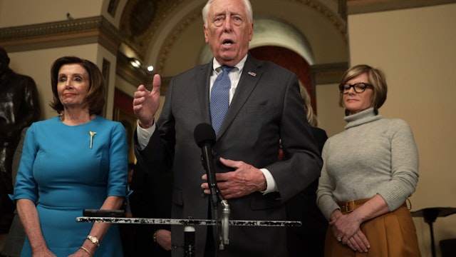 WASHINGTON, DC - MARCH 13: U.S. House Majority Leader Rep. Steny Hoyer (D-MD) speaks to members of the media as Speaker of the House Rep. Nancy Pelosi (D-CA), and Rep. Susie Lee (D-NV) listen at the U.S. Capitol March 13, 2020 in Washington, DC. Speaker Pelosi held a briefing on the Coronavirus Aid Package Bill that will deal with the outbreak of COVID-19. (Photo by Alex Wong/Getty Images)