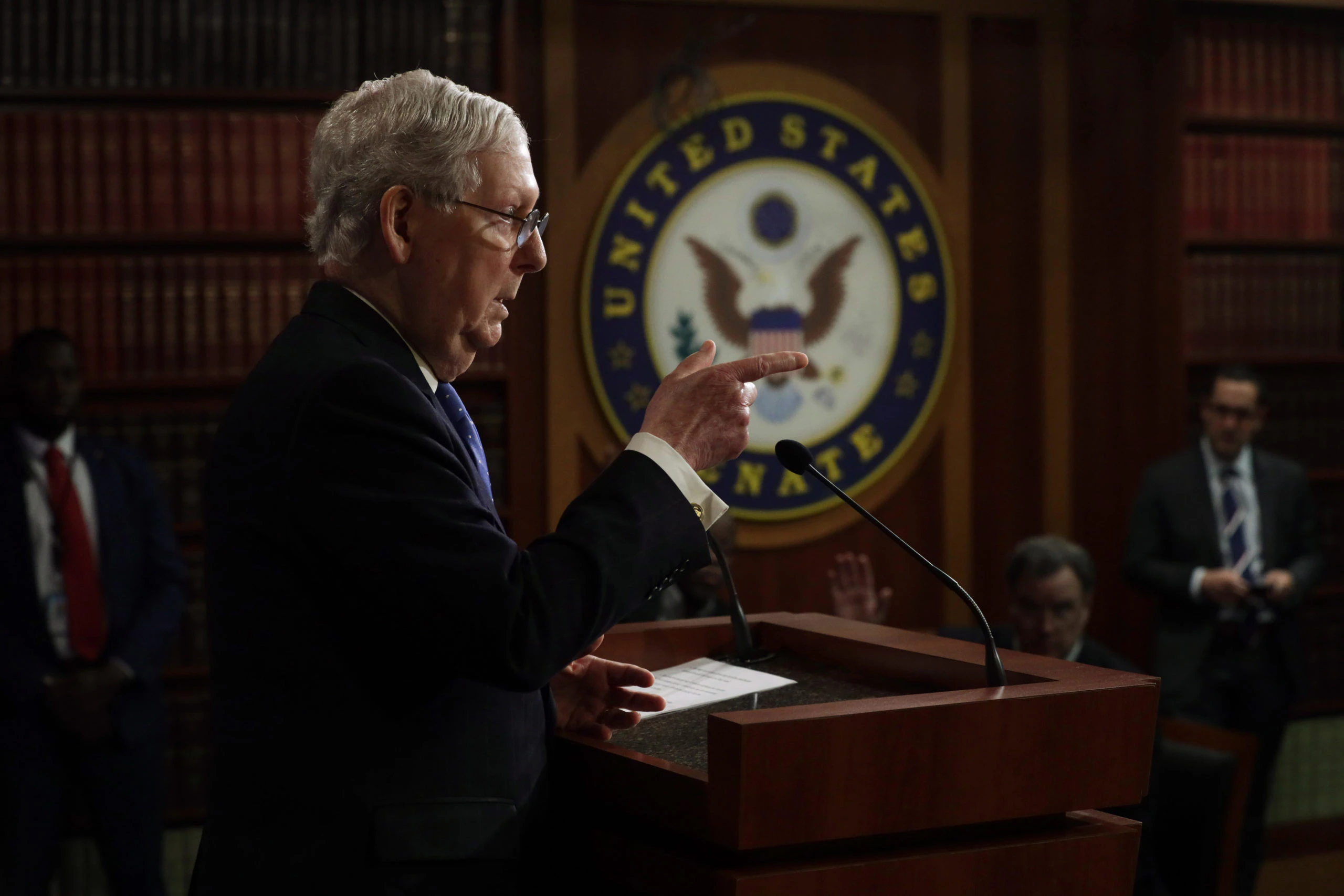 WASHINGTON, DC - MARCH 17: U.S. Senate Majority Leader Sen. Mitch McConnell (R-KY) speaks to members of the media during a news conference at the U.S. Capitol March 17, 2020 in Washington, DC. Sen. McConnell said the Senate will pass the House coronavirus funding package in response to the outbreak of COVID-19. (Photo by Alex Wong/Getty Images)