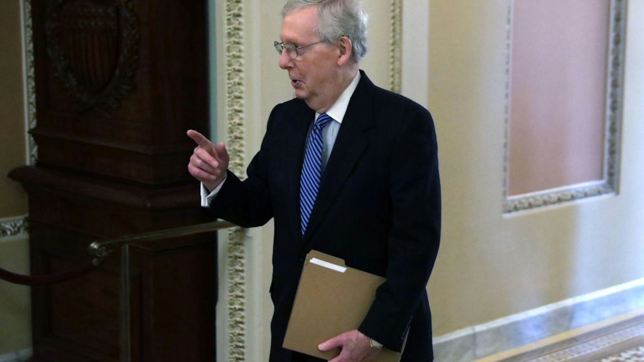U.S. Senate Majority Leader Sen. Mitch McConnell (R-KY) walks towards the Senate chamber at the U.S. Capitol March 23, 2020 in Washington, DC.