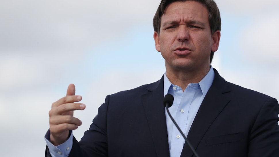 Florida Gov. Ron DeSantis speaks during a news conference in the Hard Rock Stadium parking lot on March 30, 2020 in Miami Gardens, Florida.