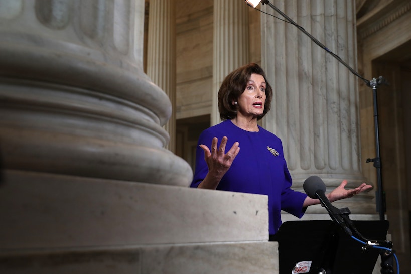 WASHINGTON, DC - APRIL 01: U.S. Speaker of the House Nancy Pelosi (D-CA) is interviewed by CNN about the government response to the ongoing global coronavirus pandemic in the rotunda of the Russell Senate Office Building on Capitol Hill April 01, 2020 in Washington, DC. Pelosi told host Anderson Cooper that the federal government needs to give more financial help to state and local governments dealing with COVID-19. We had $150 billion in the bill that the President just signed. That is simply not enough, unfortunately, she said. (Photo by Chip Somodevilla/Getty Images)