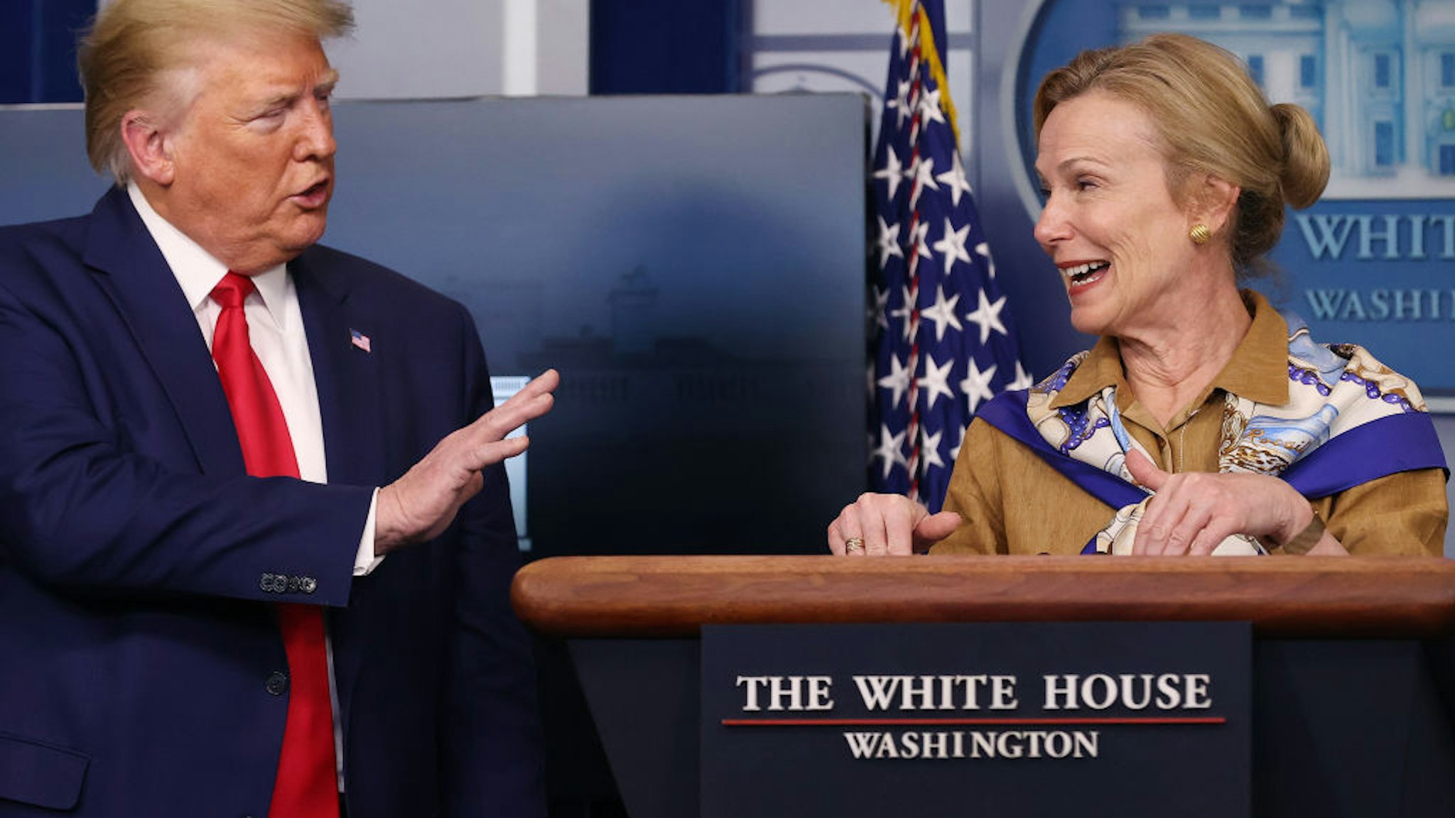 White House coronavirus response coordinator Deborah Birx speaks while flanked by U.S. President Donald Trump following a meeting of his coronavirus task force in the Brady Press Briefing Room at the White House on April 6, 2020 in Washington, DC.