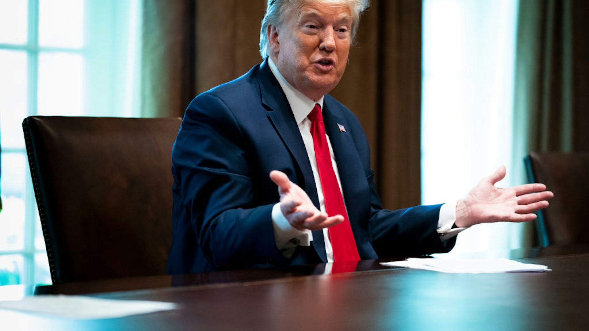 President Donald Trump speaks during a meeting with recovered coronavirus (COVID-19) patients in the Cabinet Room at the White House April 14, 2020 in Washington, D.C.