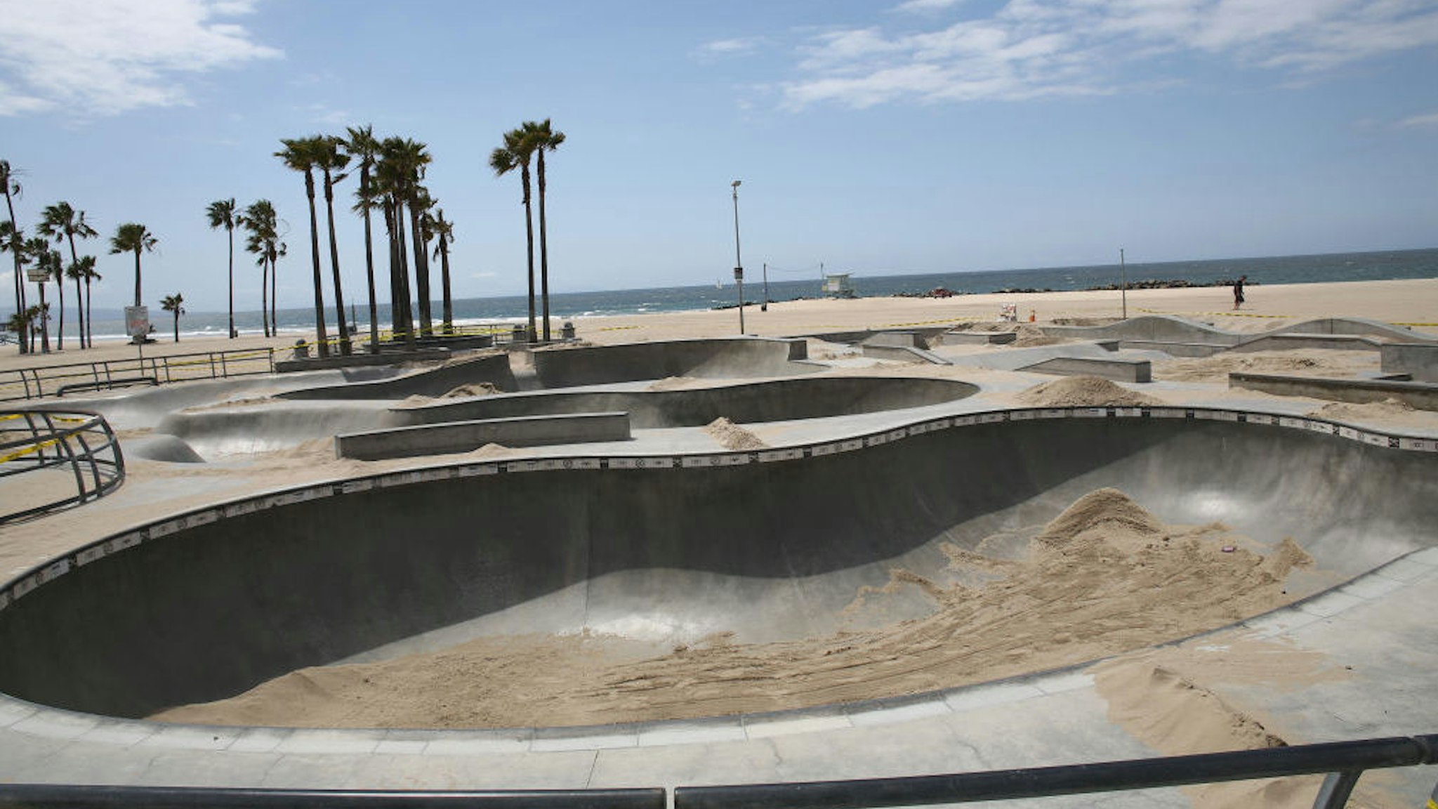The Venice Beach skatepark is filled with sand to prevent people from using it during the coronavirus pandemic on April 18, 2020 in Venice, California. COVID-19 has spread to most countries around the world, claiming almost 159,000 lives and infecting over 2.3 million people.