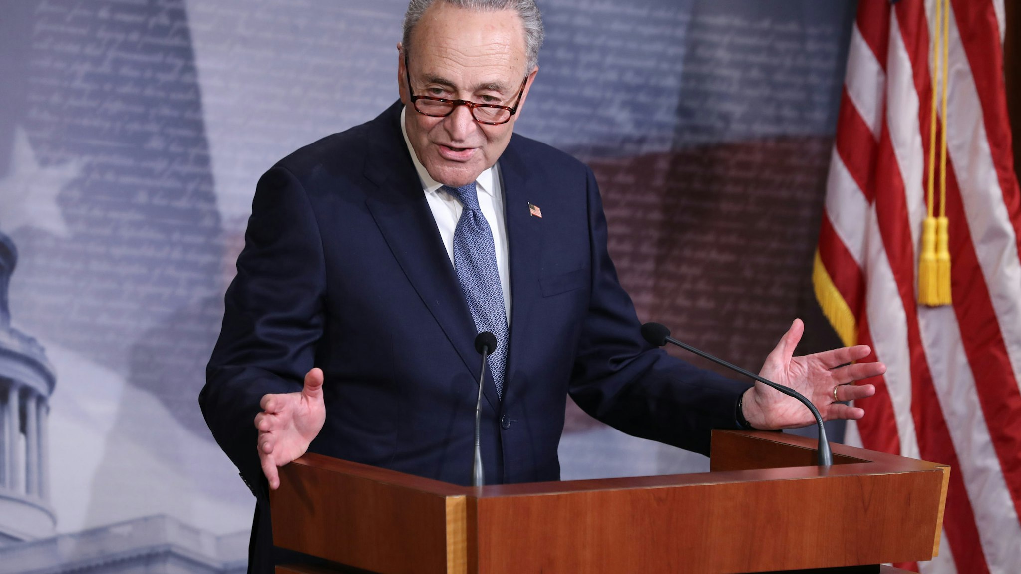 WASHINGTON, DC - APRIL 21: Minority Leader Charles Schumer (D-NY) talks to reporters U.S. Capitol April 21, 2020 in Washington, DC. Schumer, House Speaker Nancy Pelosi (D-CA) and Senate Majority Leader Mitch McConnell (R-KY) agreed on new $500 billion bipartisan deal to deliver more coronavirus relief to small businesses and hospitals. (Photo by Chip Somodevilla/Getty Images)